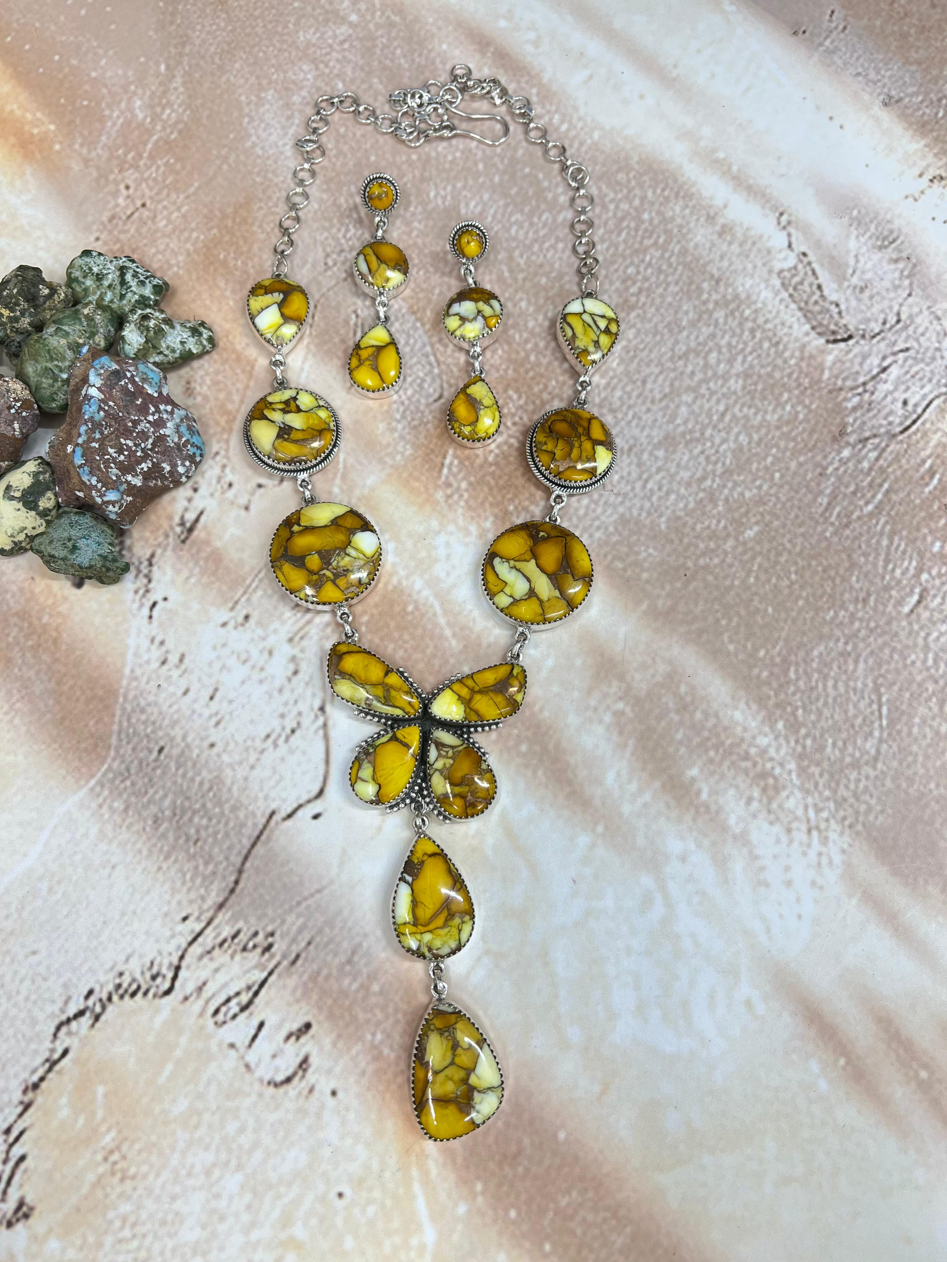 Handmade Sterling Silver Honey Dahlia Necklace Earrings Set, Signed Nizhoni