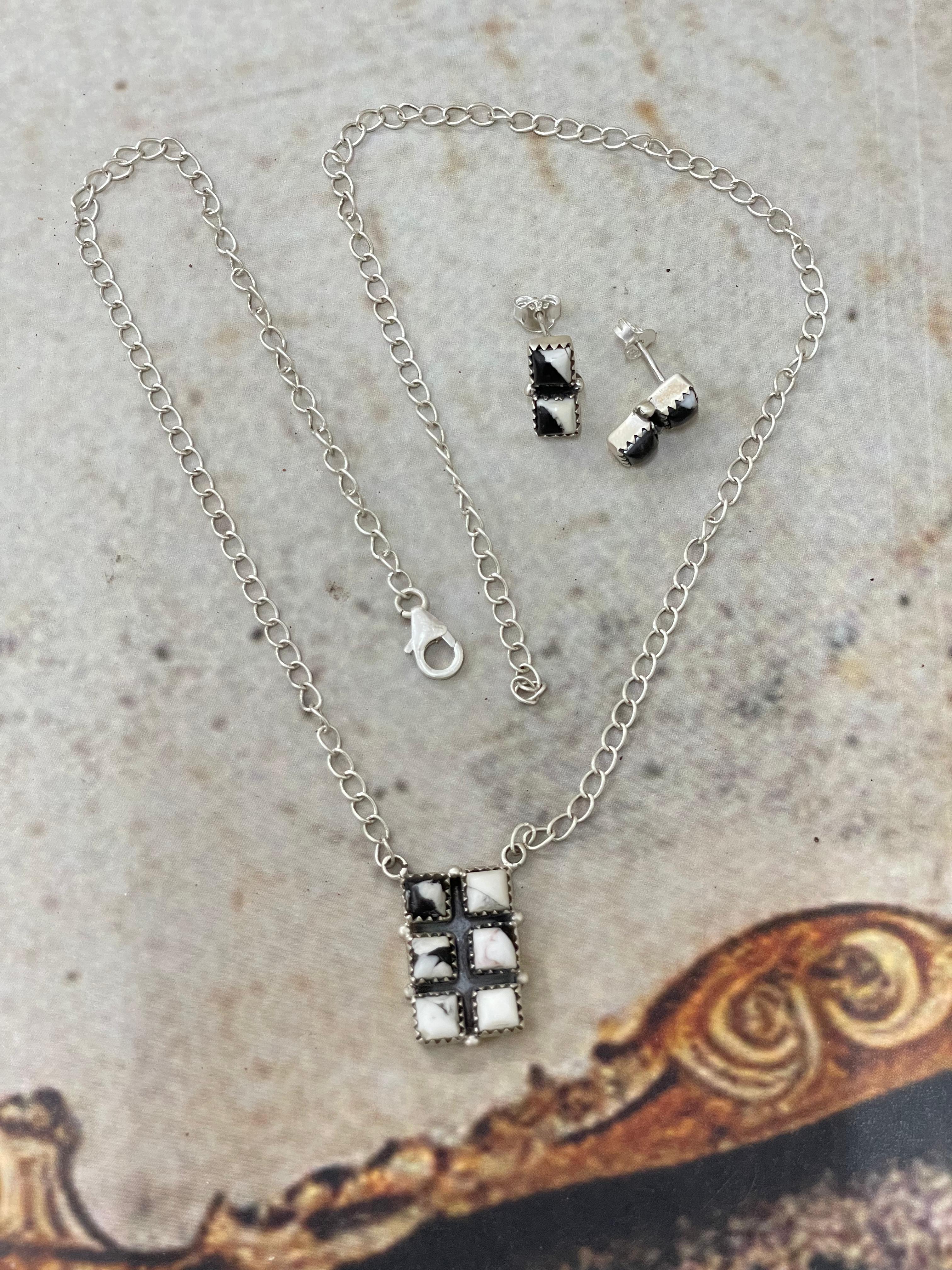 Handmade Sterling Silver White Buffalo Necklace Earrings Set with Signed Nizhoni