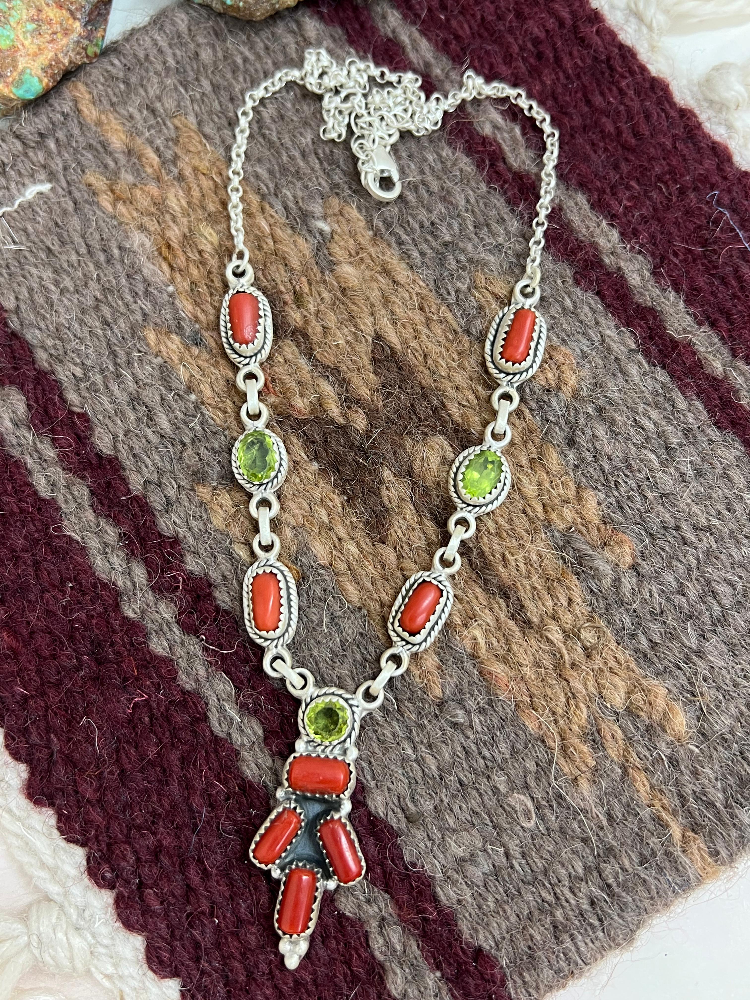 Christmas Collection Handmade Sterling Silver Coral with Peridot Necklace with Signed Nizhoni