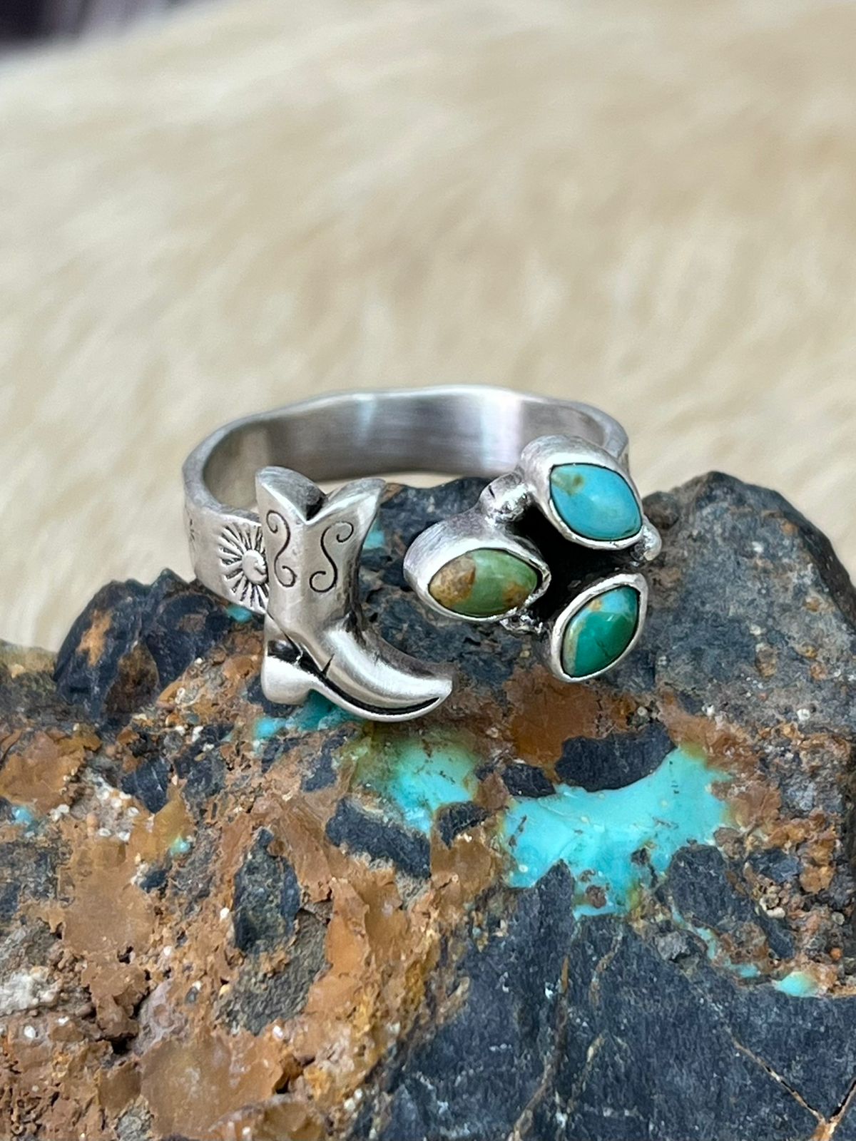 Handmade Sterling Silver Kingman Turquoise Adjustable Ring "Signed Nizhoni"
