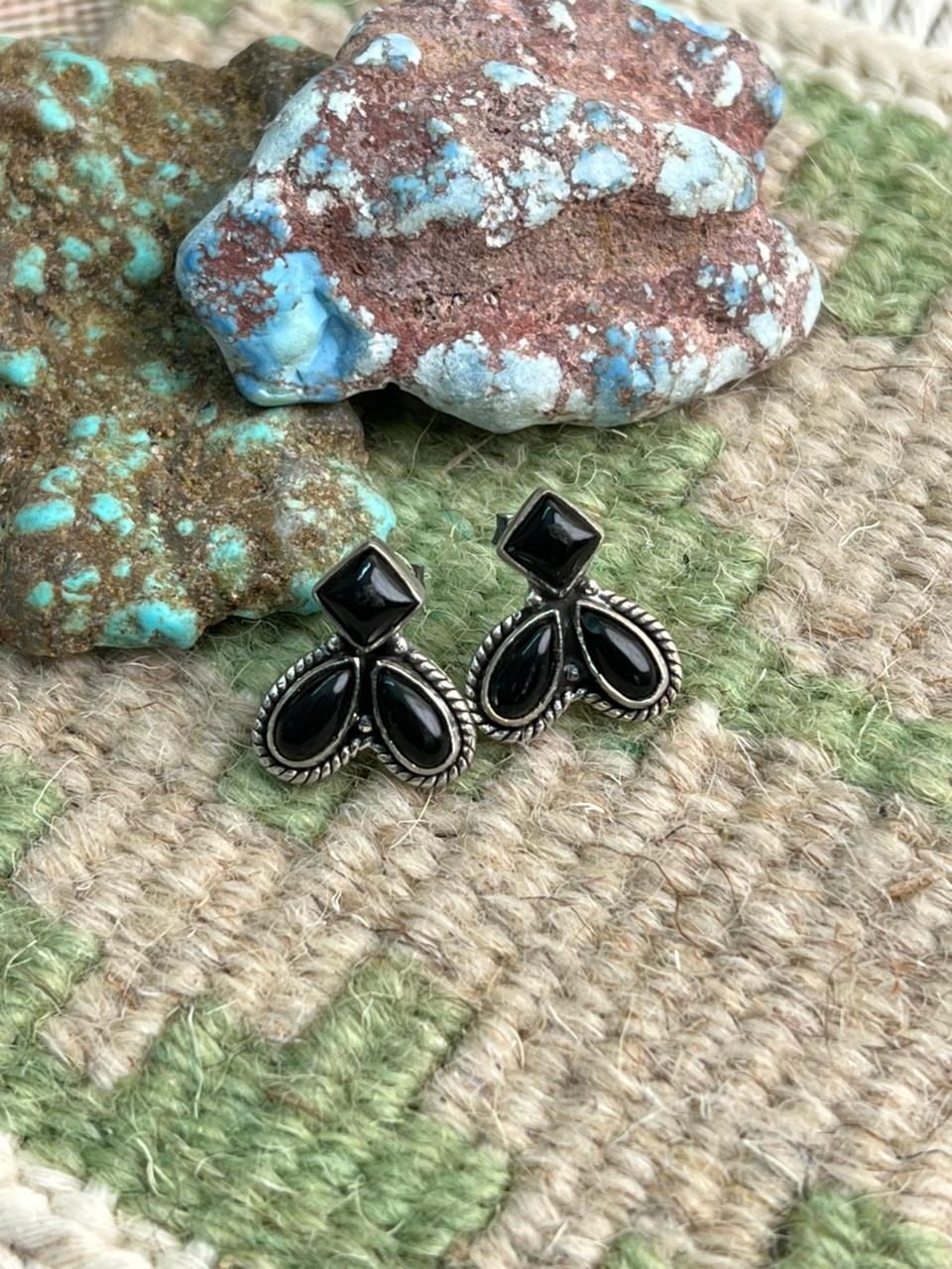 Handmade Sterling Silver Black Onyx Post Studs Earrings "Signed Nizhoni"