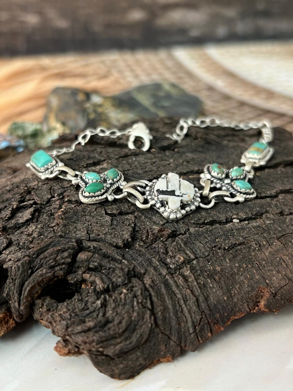 Handmade Sterling Silver Kingman Turquoise with White Buffalo Chain Bracelet "Signed Nizhoni"