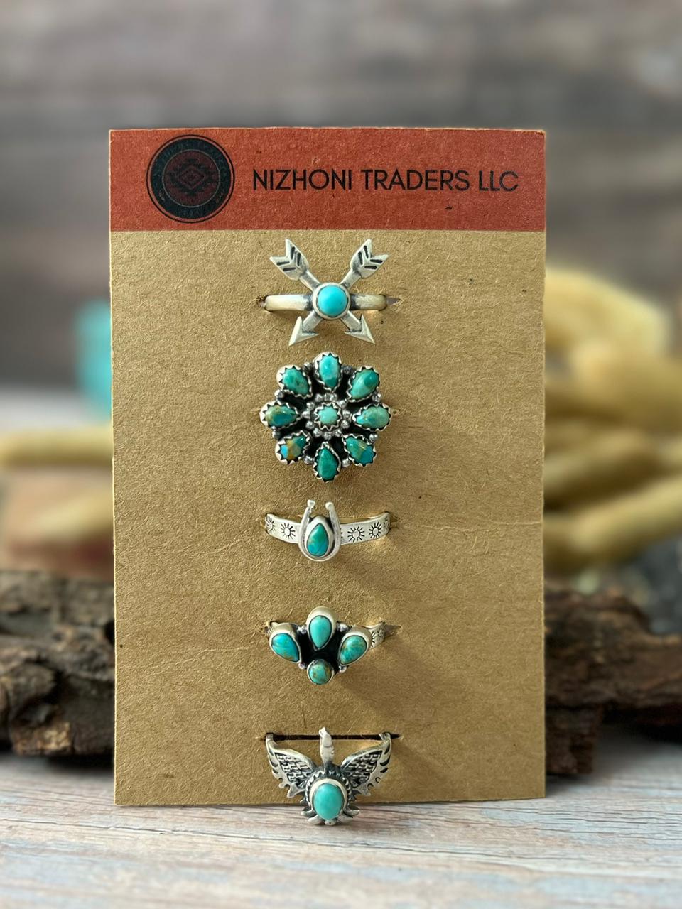 Handmade Sterling Silver Kingman Turquoise Adjustable Ring Card