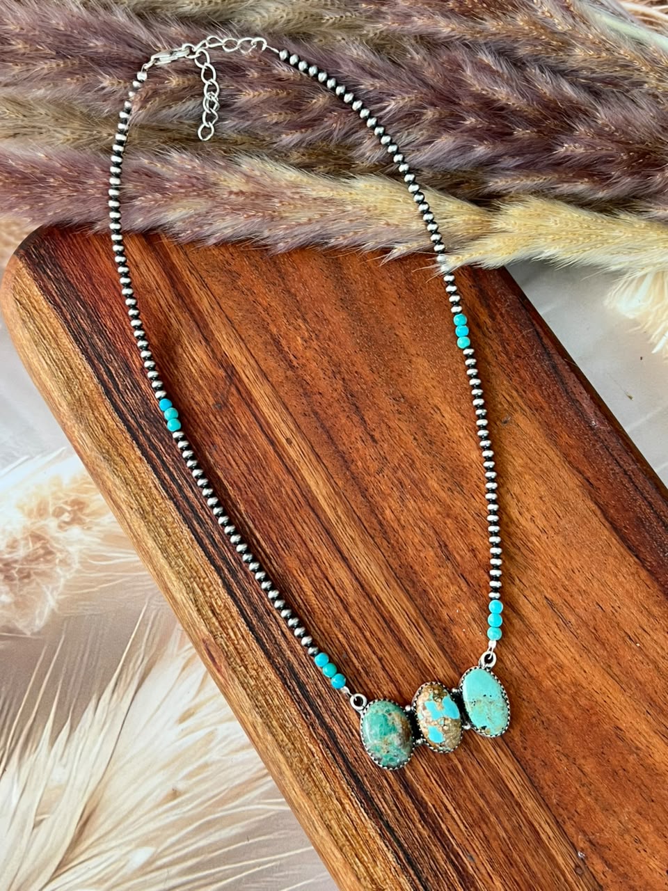 Handmade Sterling Silver Manassa with Kingman Turquoise Beaded Necklace Signed Nizhoni