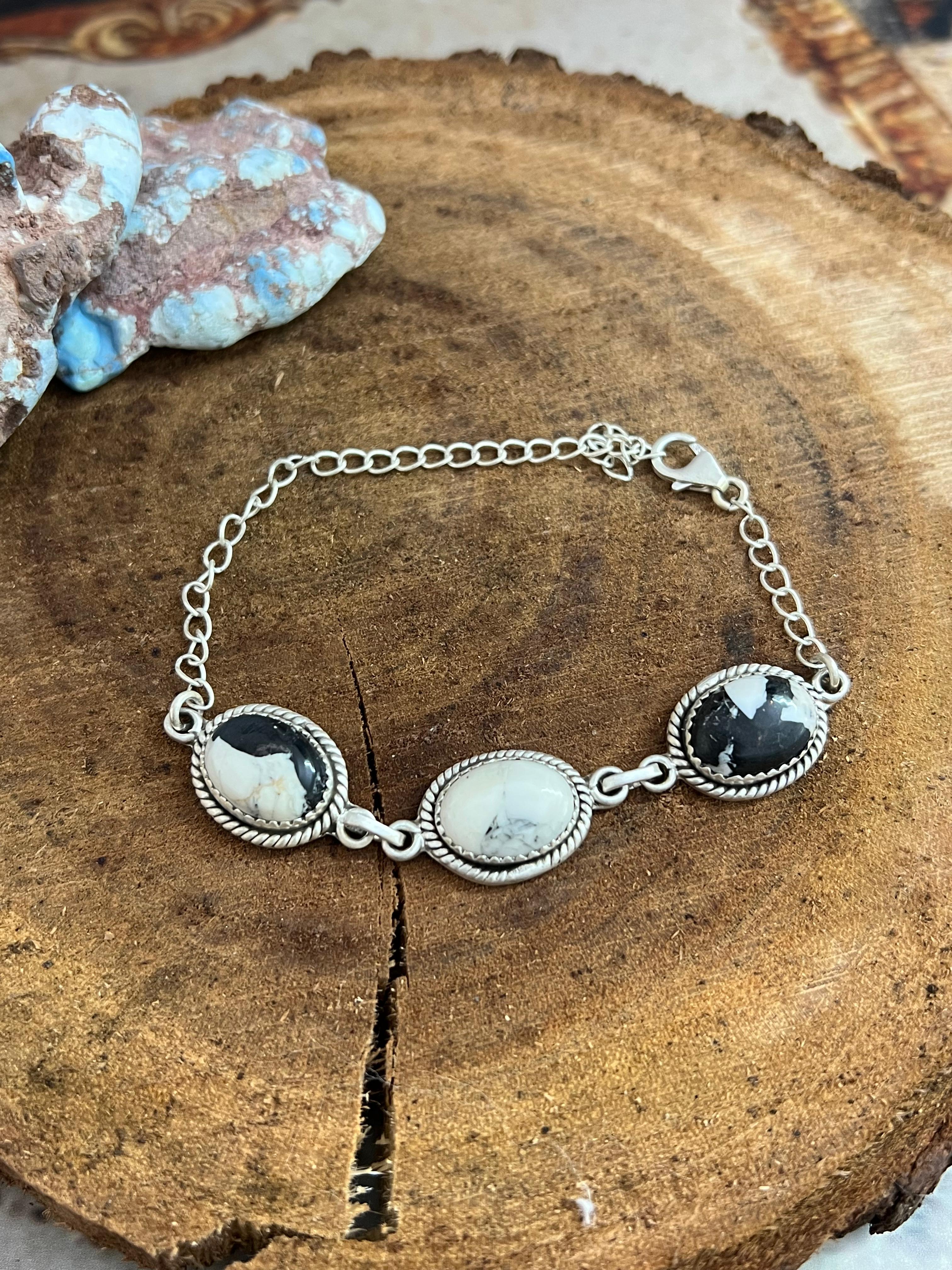 Handmade Sterling Silver White Buffalo Chain Bracelet with Signed Nizhoni