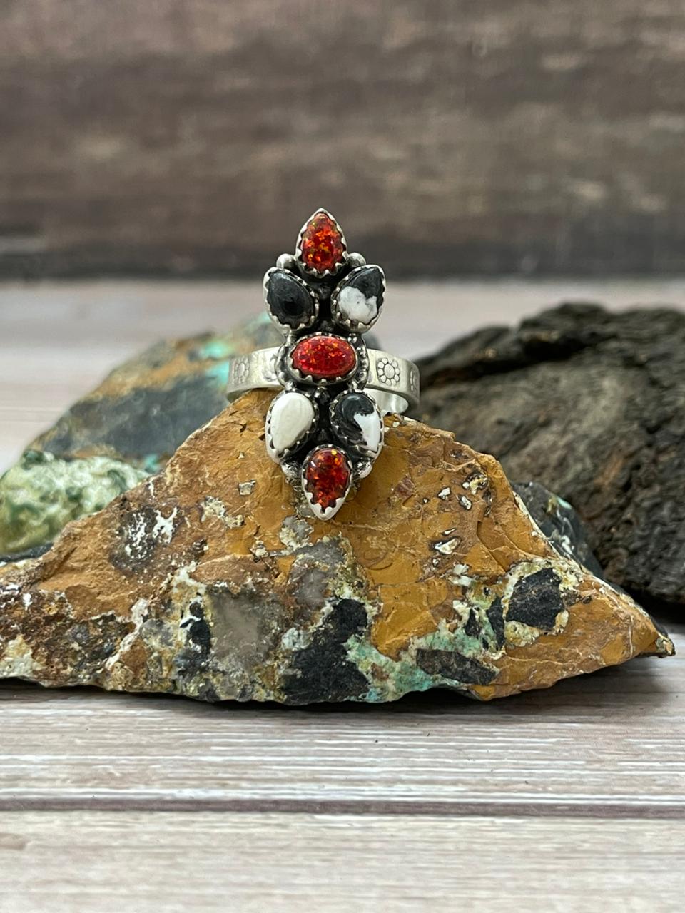 "Christmas Collection" Handmade Sterling Silver White Buffalo with Red Opal Adjustable Ring "Signed Nizhoni"