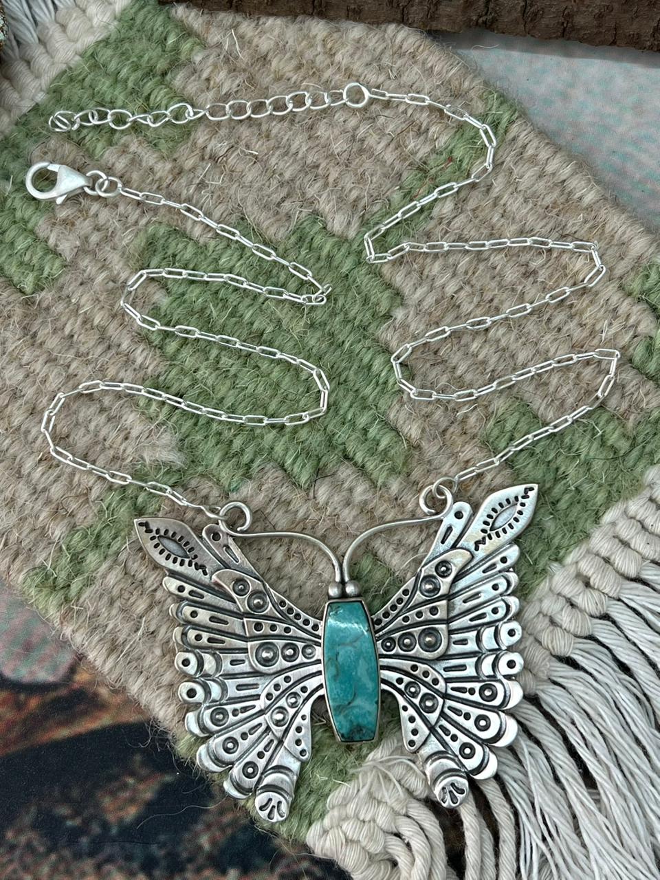 Handmade Sterling Silver Kingman Turquoise Butterfly Necklace "Signed Nizhoni"