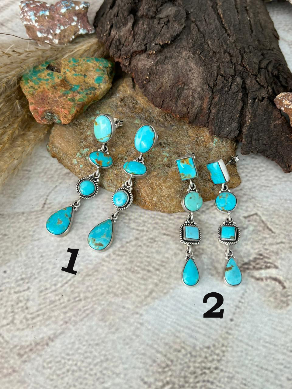 Handmade Sterling Silver Santa Maria Turquoise Post Dangle Earrings "Signed Nizhoni"