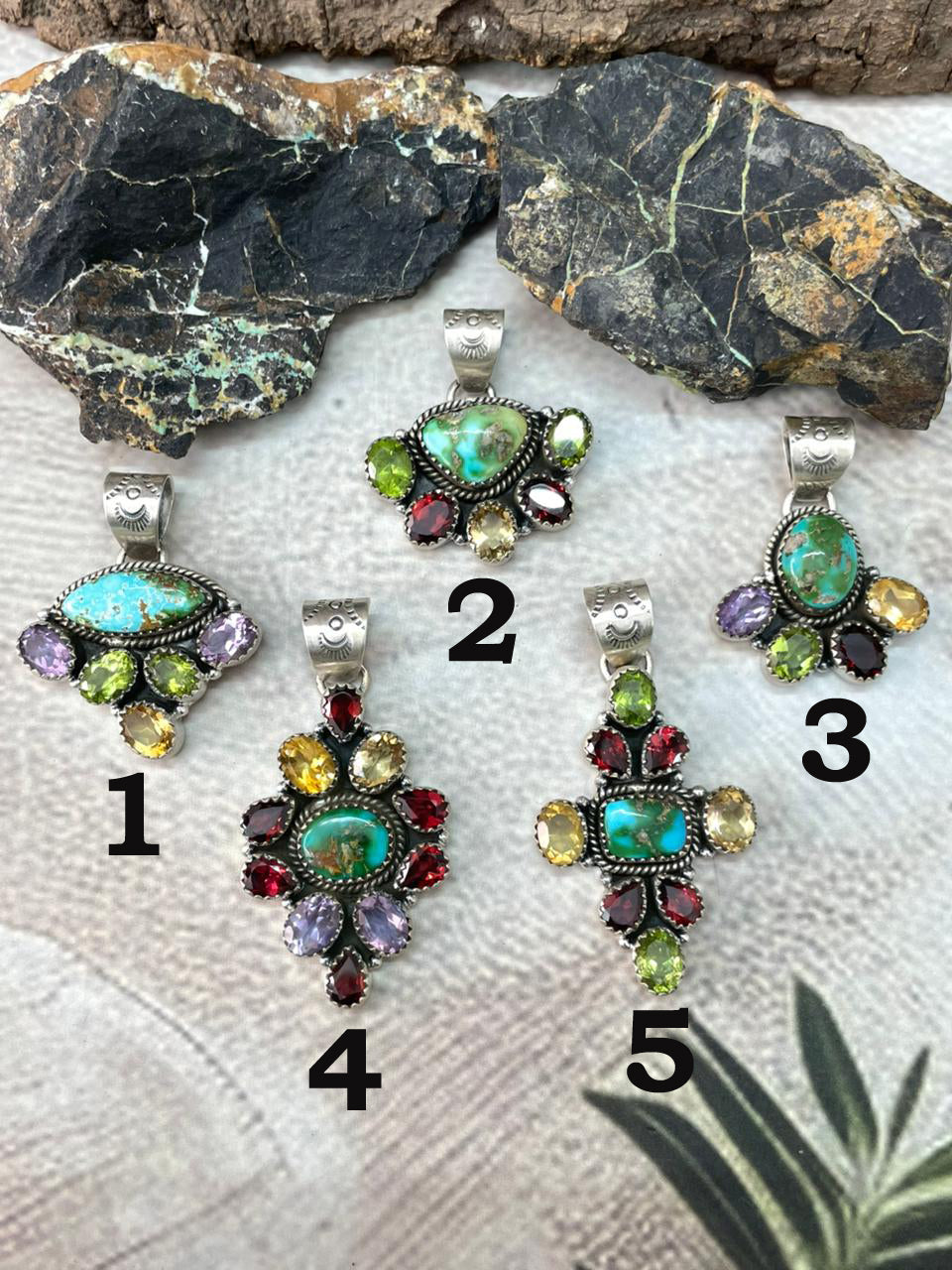 Handmade Sterling Silver Sonoran with Cut Stones Pendant "Signed Nizhoni"