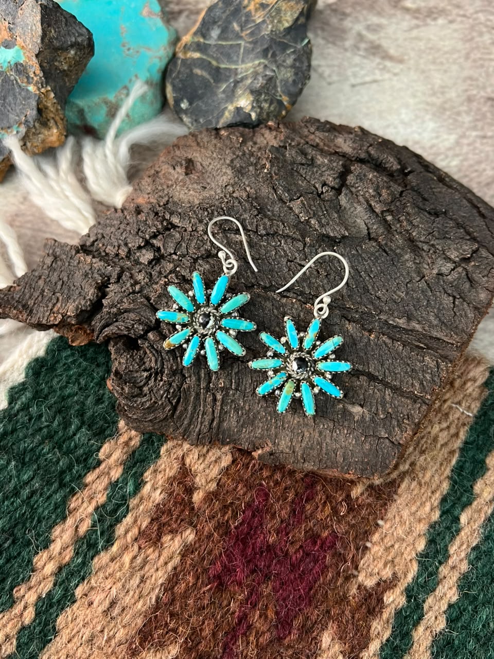 Handmade Sterling Silver  Kingman Turquoise with White Buffalo Hook Dangle Earrings Signed Nizhoni