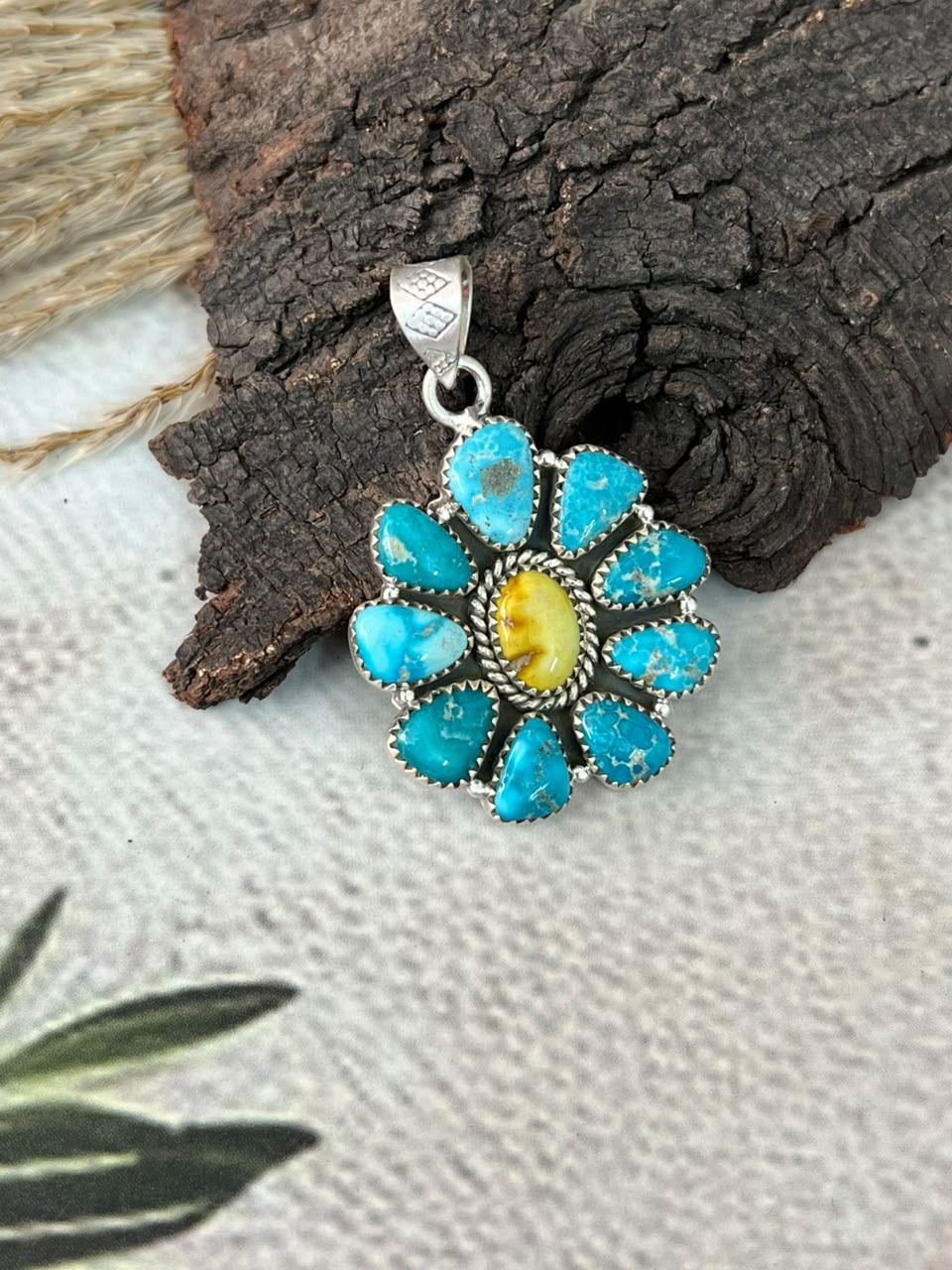Handmade Sterling Silver White Water with Palomino Turquoise Pendant Signed Nizhoni