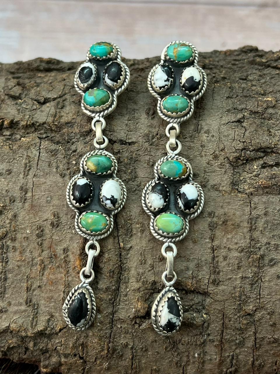 Handmade Sterling Silver Kingman Turquoise with White Buffalo Post Dangle Earrings "Signed Nizhoni"