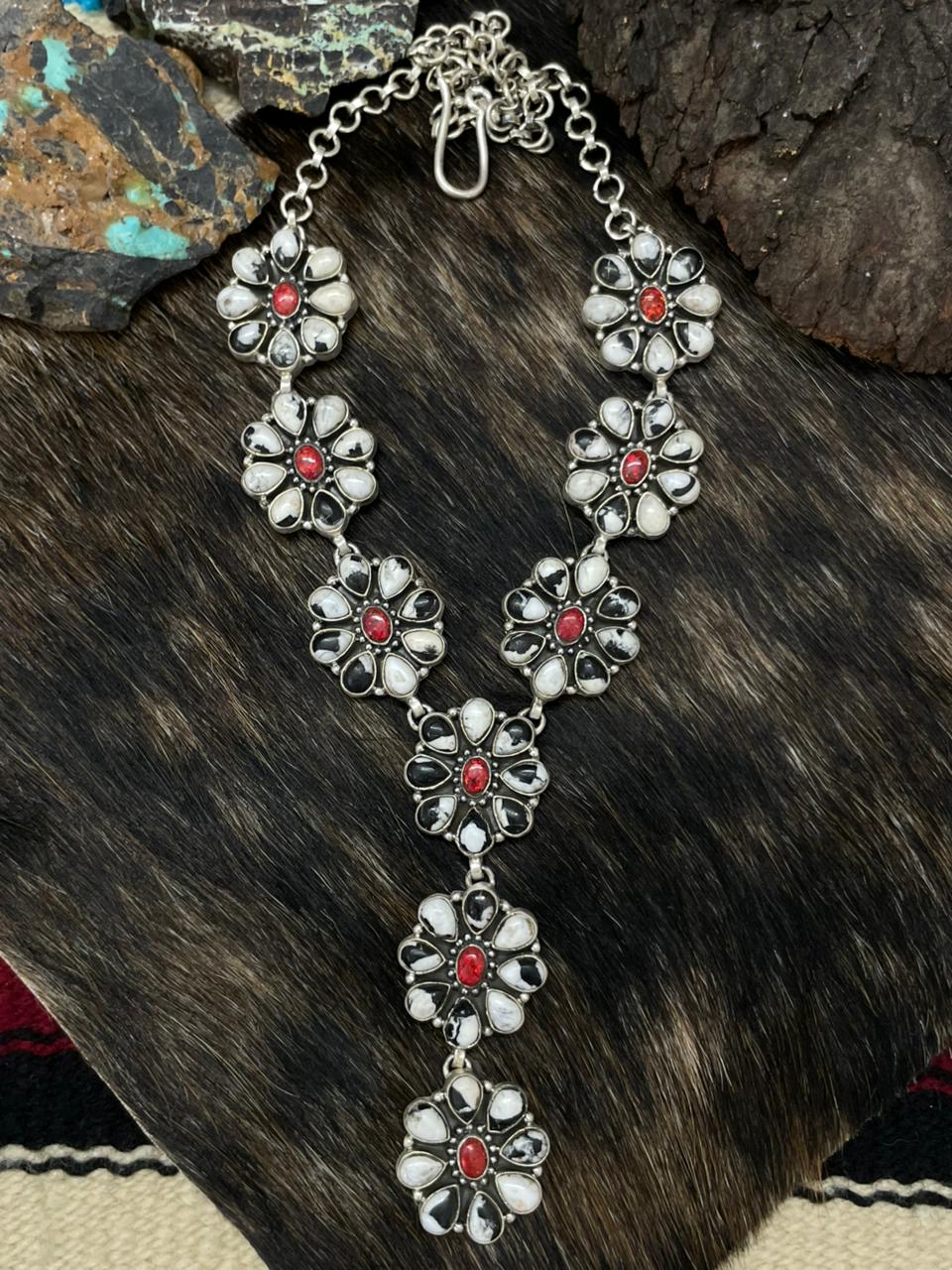 Handmade Sterling Silver White Buffalo with Red Opal Necklace "Signed Nizhoni"