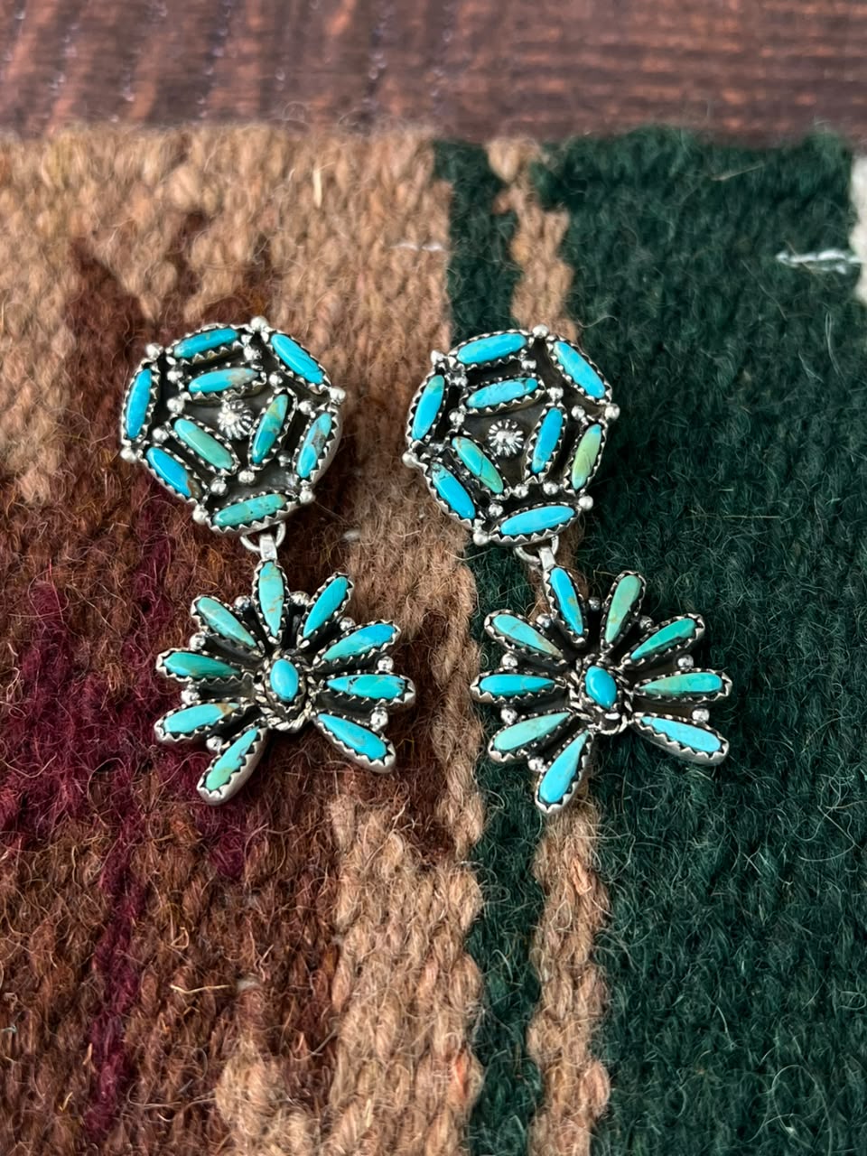 Handmade Sterling Silver Kingman Turquoise Post Dangle Earrings Signed Nizhoni