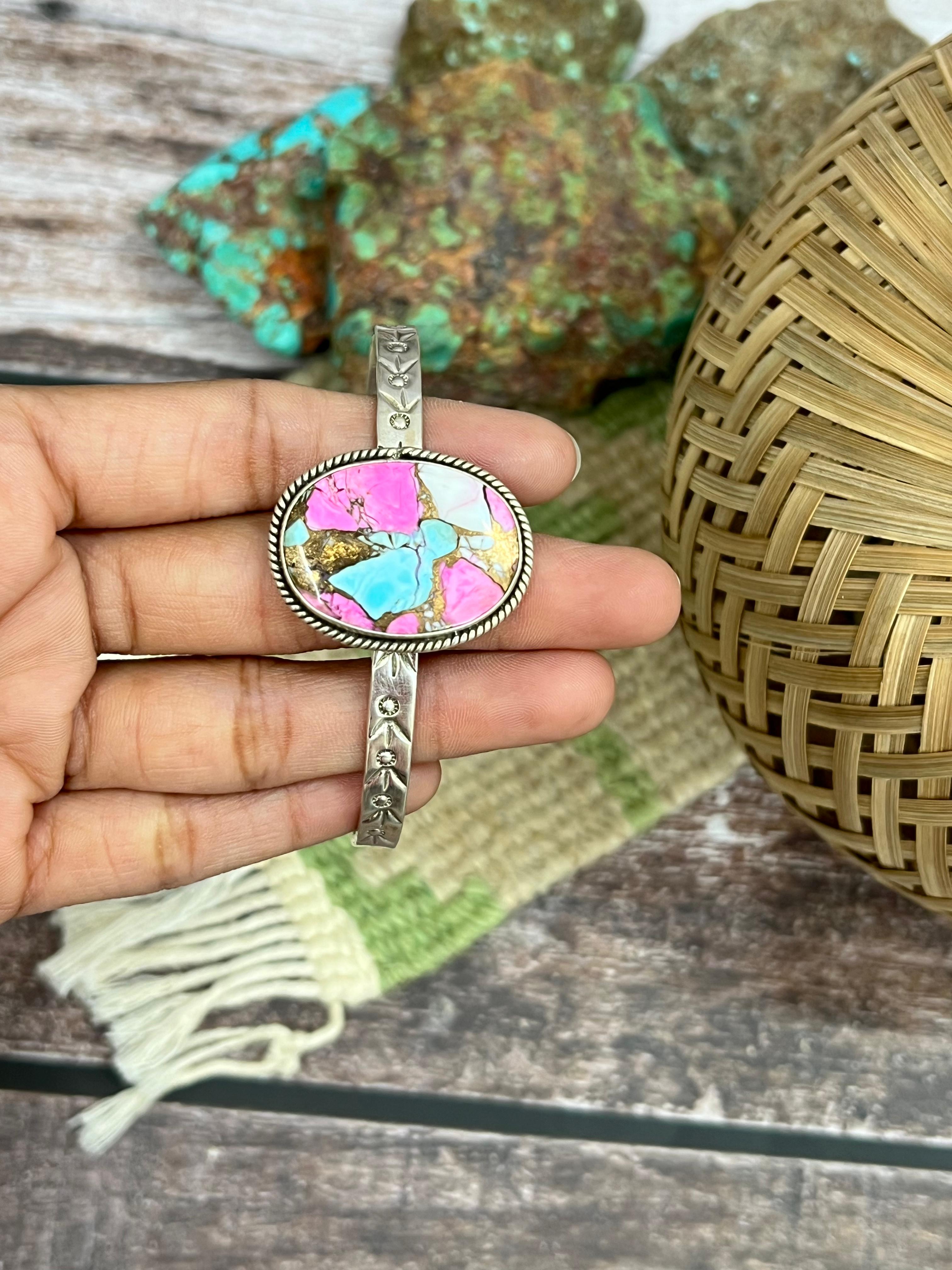 Handmade Sterling Silver Cotton Candy Turquoise Cuff Bracelet with Signed Nizhoni