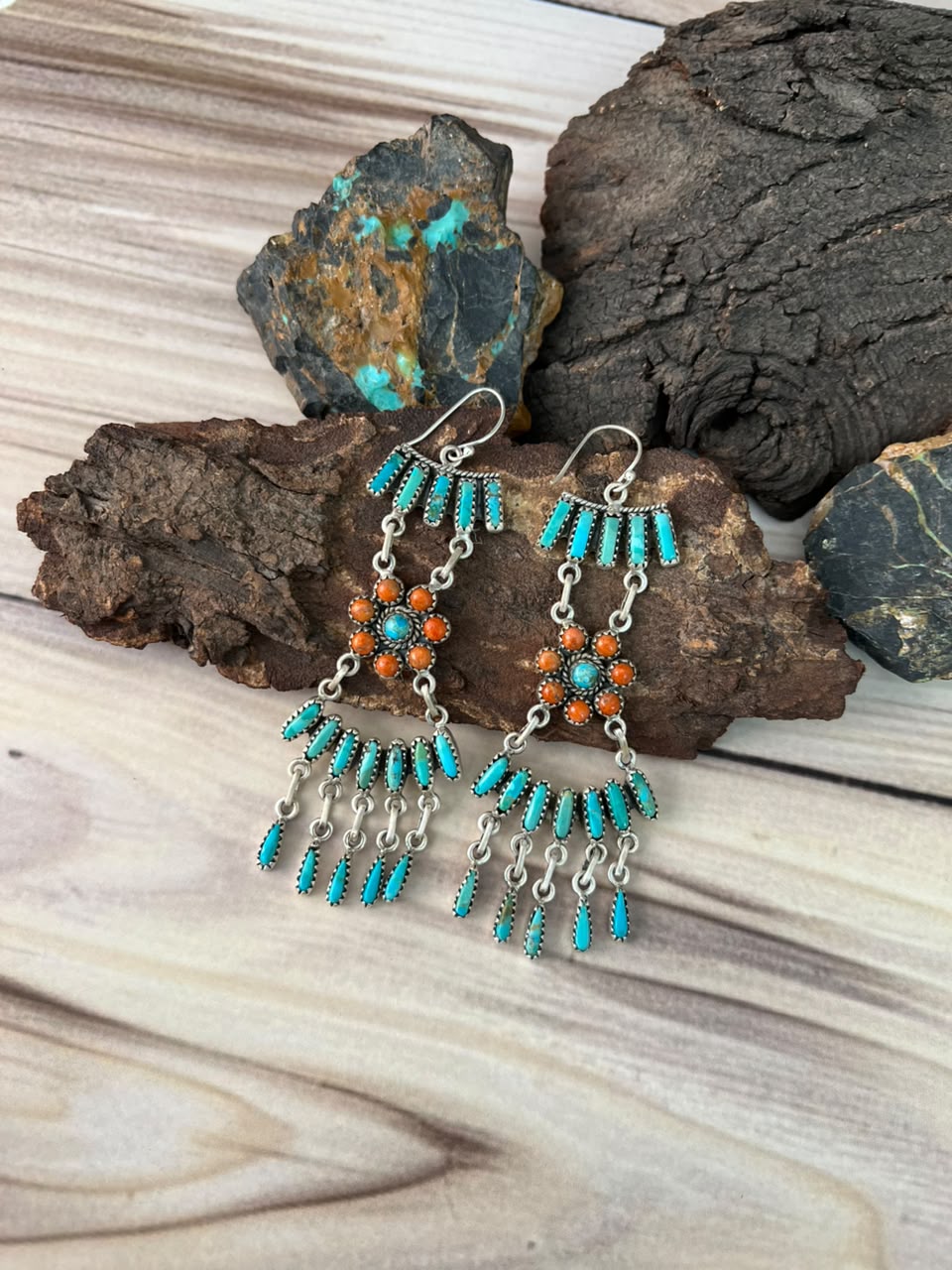 Handmade Sterling Silver Kingman Turquoise with Orange Mojave Hook Dangle Earrings Signed Nizhoni