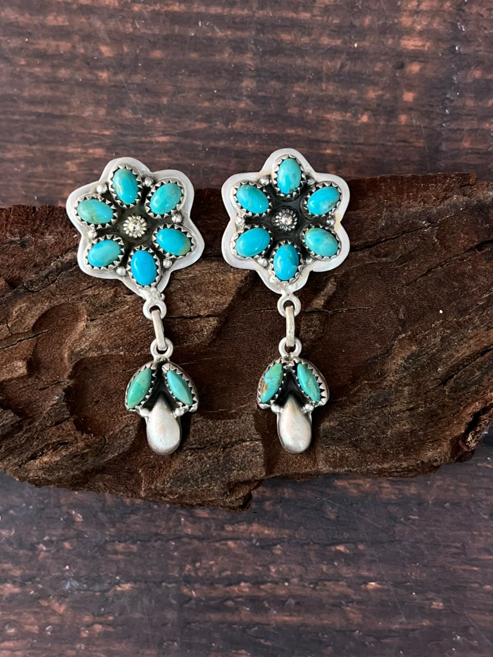 Handmade Sterling Silver Kingman Turquoise Post Dangle Earrings Signed Nizhoni