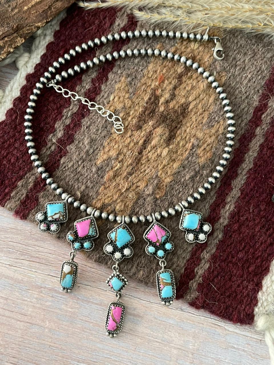 Handmade Sterling Silver Cotton Candy Beaded Necklace "Signed Nizhoni"