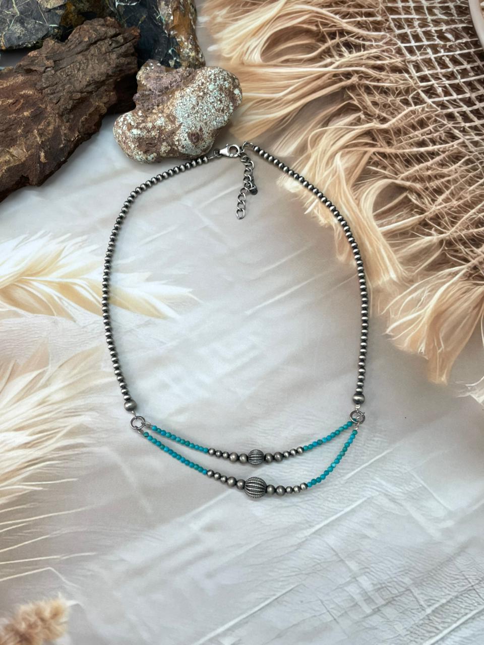 Handmade Sterling Silver Kingman Turquoise Beaded Necklace "Signed Nizhoni"