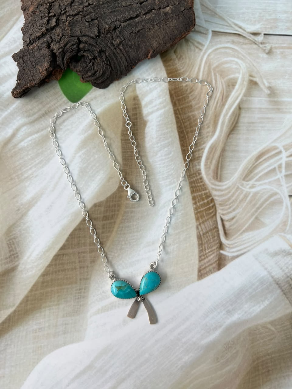 Handmade Sterling Silver Kingman Turquoise Bow Necklace Signed Nizhoni