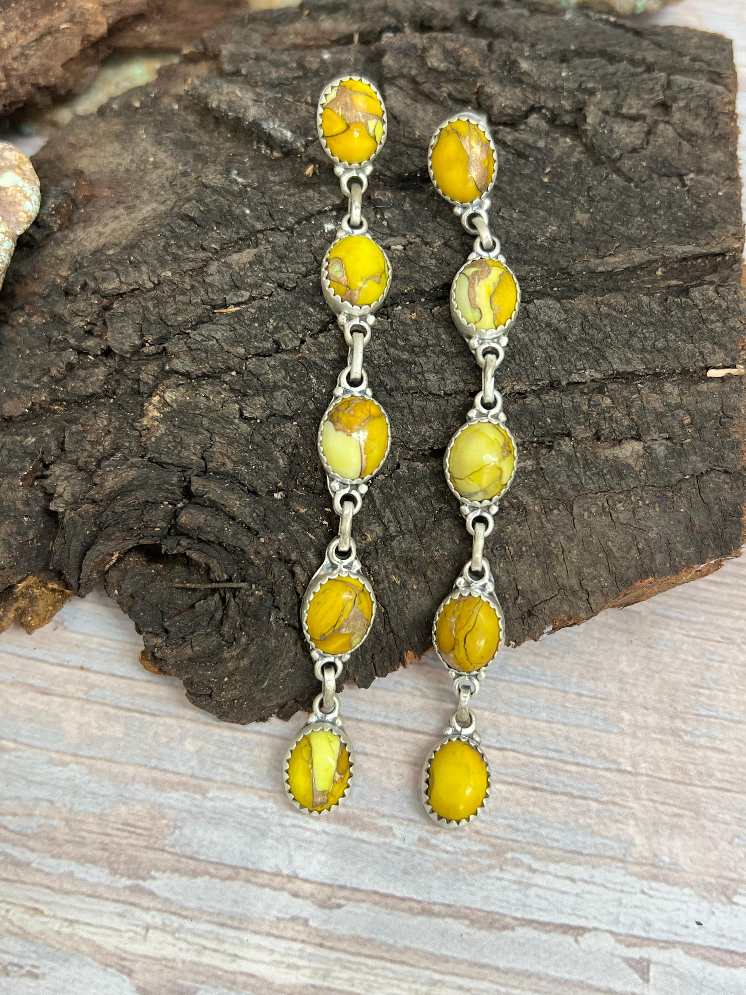 Handmade Sterling Silver Honey Dahlia Post Dangle Earrings with Signed Nizhoni