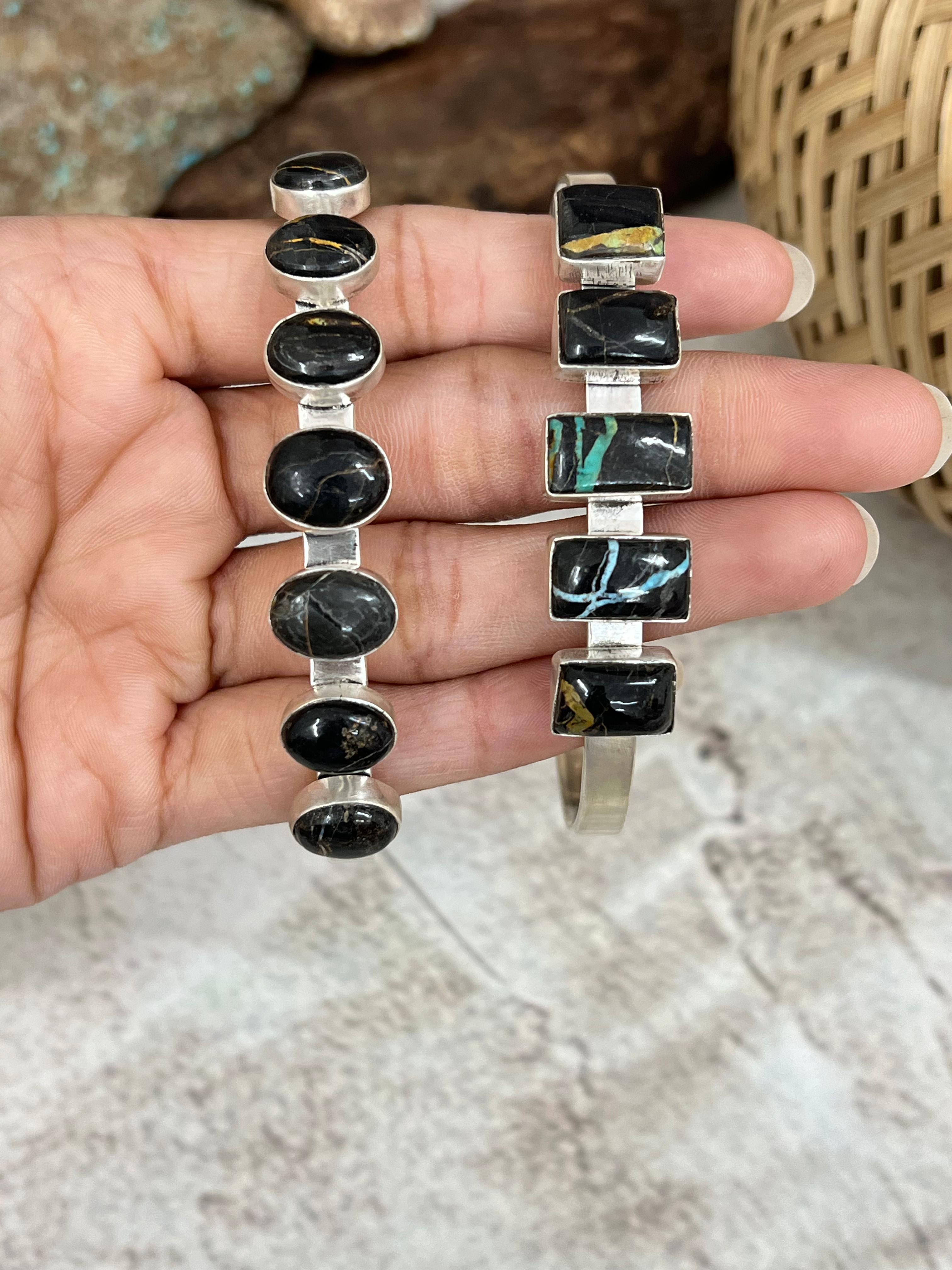 Handmade Sterling Silver Blackjack Turquoise Cuff Bracelet Signed Nizhoni