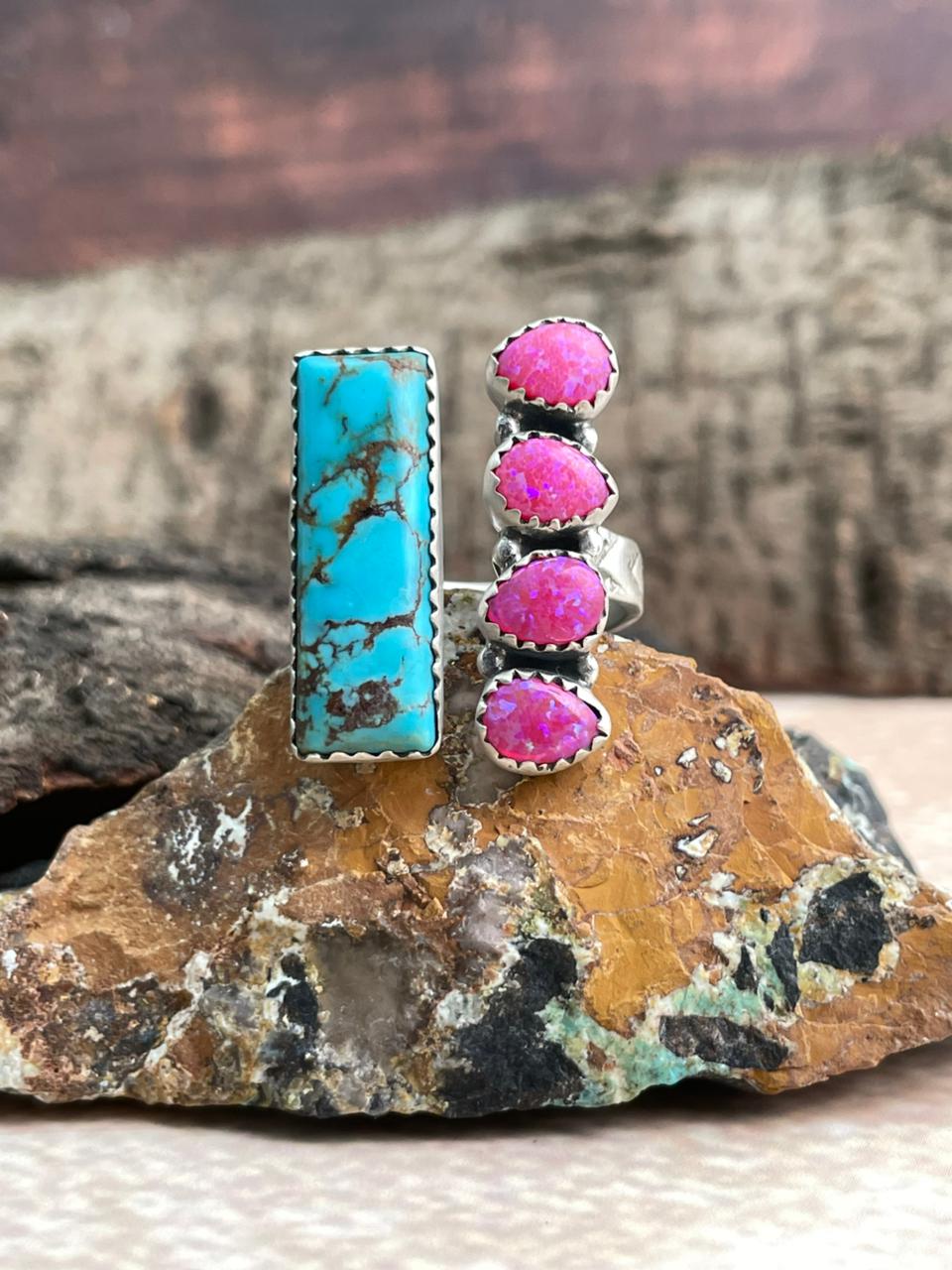 Handmade Sterling Silver Hot Pink with Arizona Turquoise Adjustable Ring "Signed Nizhoni"