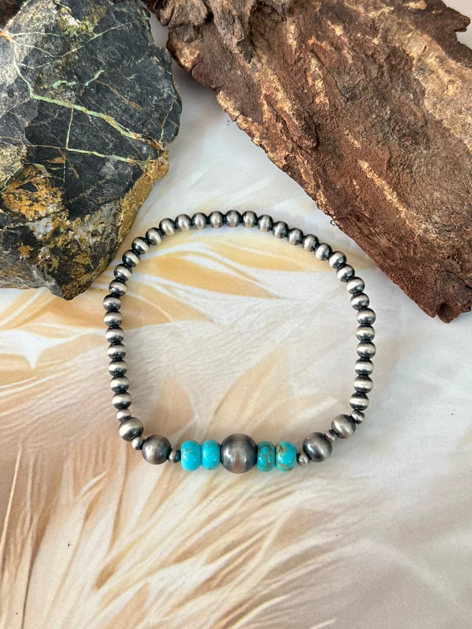 Handmade Sterling Silver Kingman Turquoise Stretch Beaded Bracelet