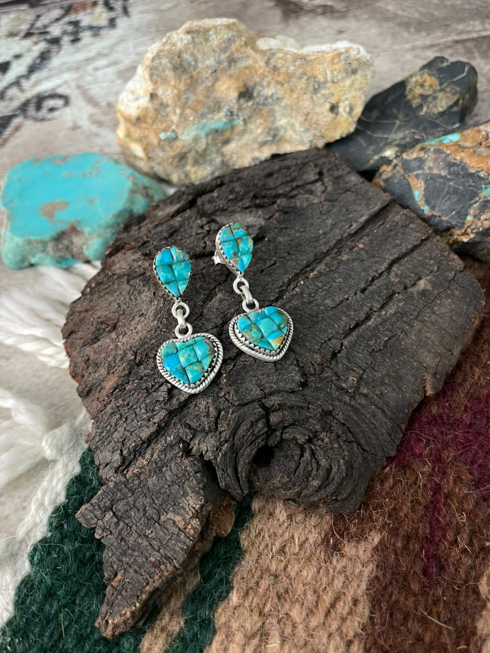 Handmade Sterling Silver Kingman Turquoise Cobble Stone Post Dangle Earrings Signed Nizhoni
