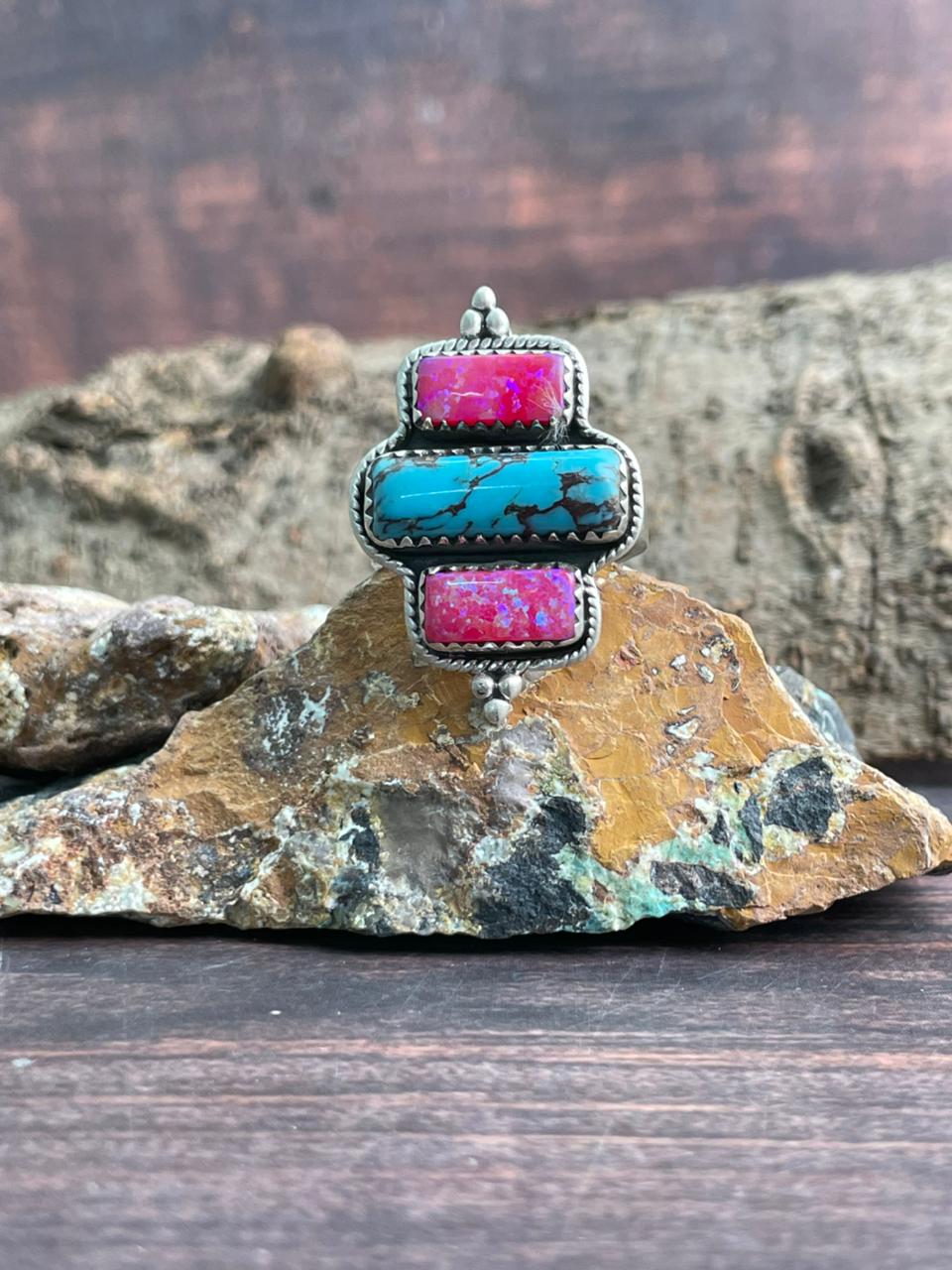 Handmade Sterling Silver Arizona Turquoise with Hot Pink Adjustable Ring "Signed Nizhoni"