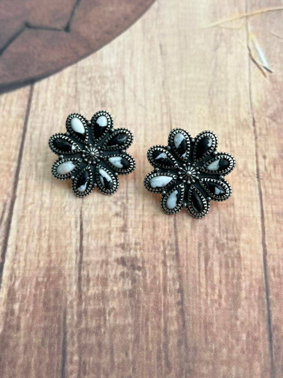 Handmade Sterling Silver White Buffalo Post Studs Earrings "Signed Nizhoni"