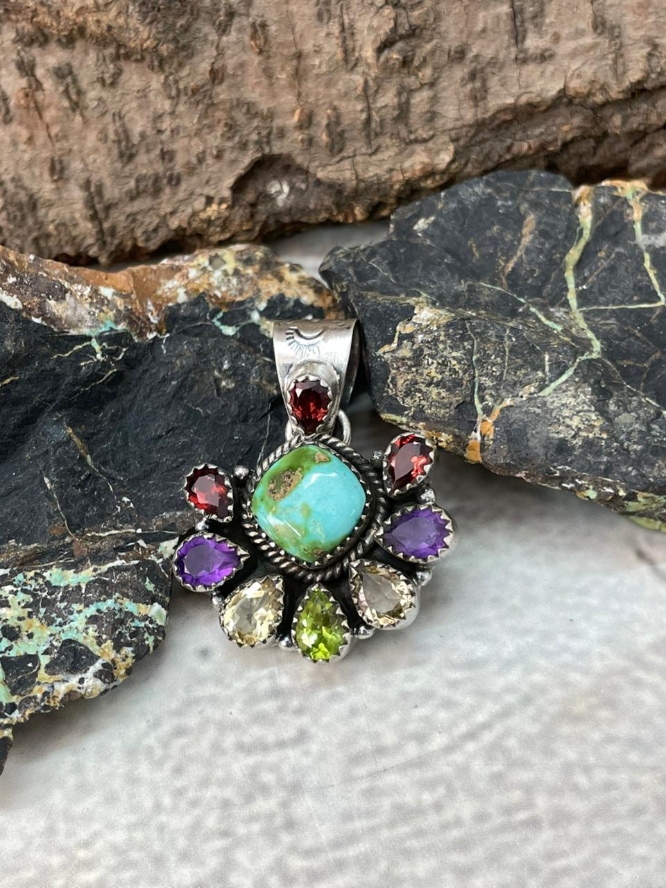 Handmade Sterling Silver Sonoran with Cut Stones Pendant "Signed Nizhoni"