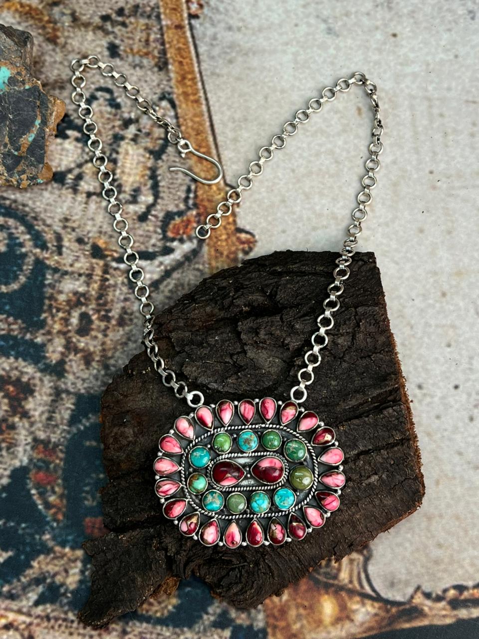 Handmade Sterling Silver Dahlia Rose with Emerald Valley Turquoise Necklace "Signed Nizhoni"