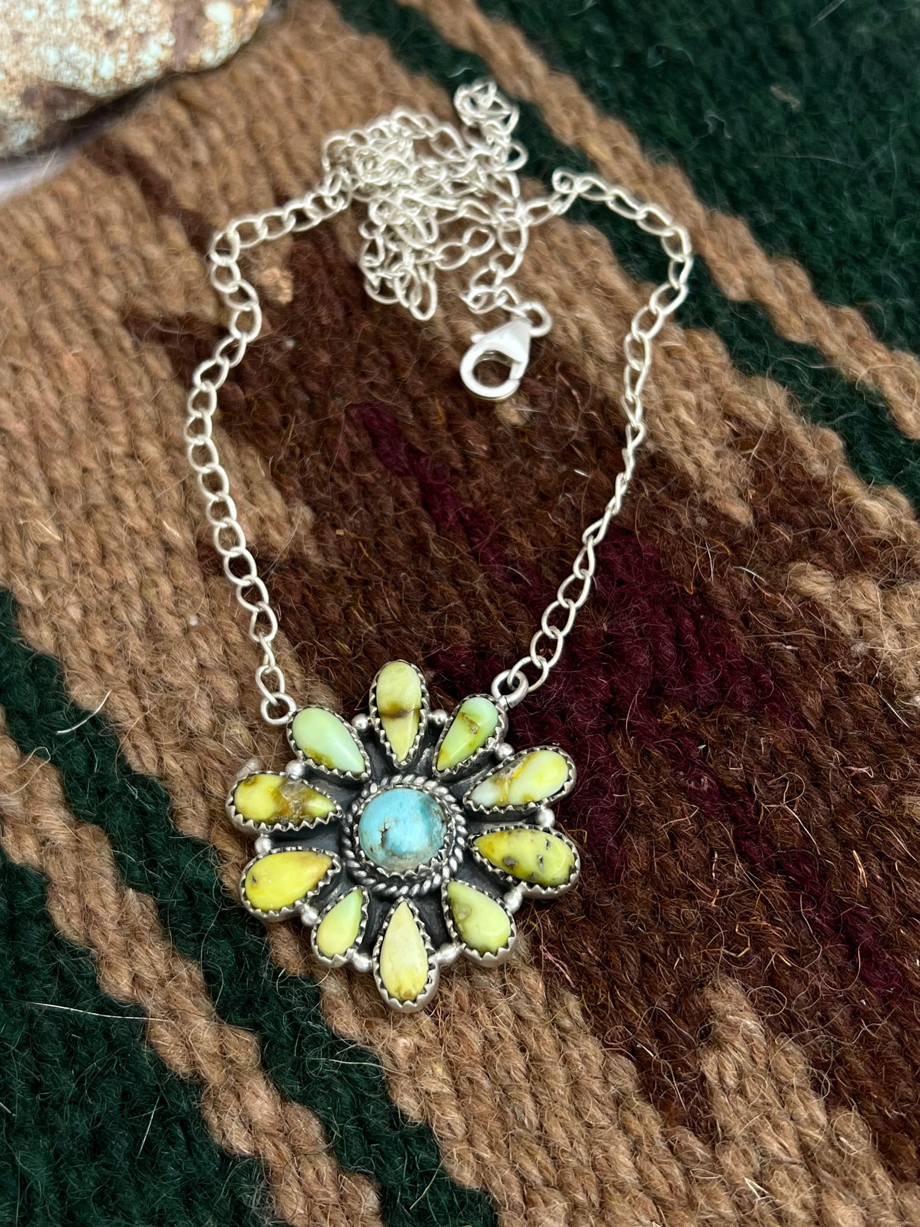 Handmade Sterling Silver Palomino, Golden Hills Turquoise Necklace with Signed Nizhoni