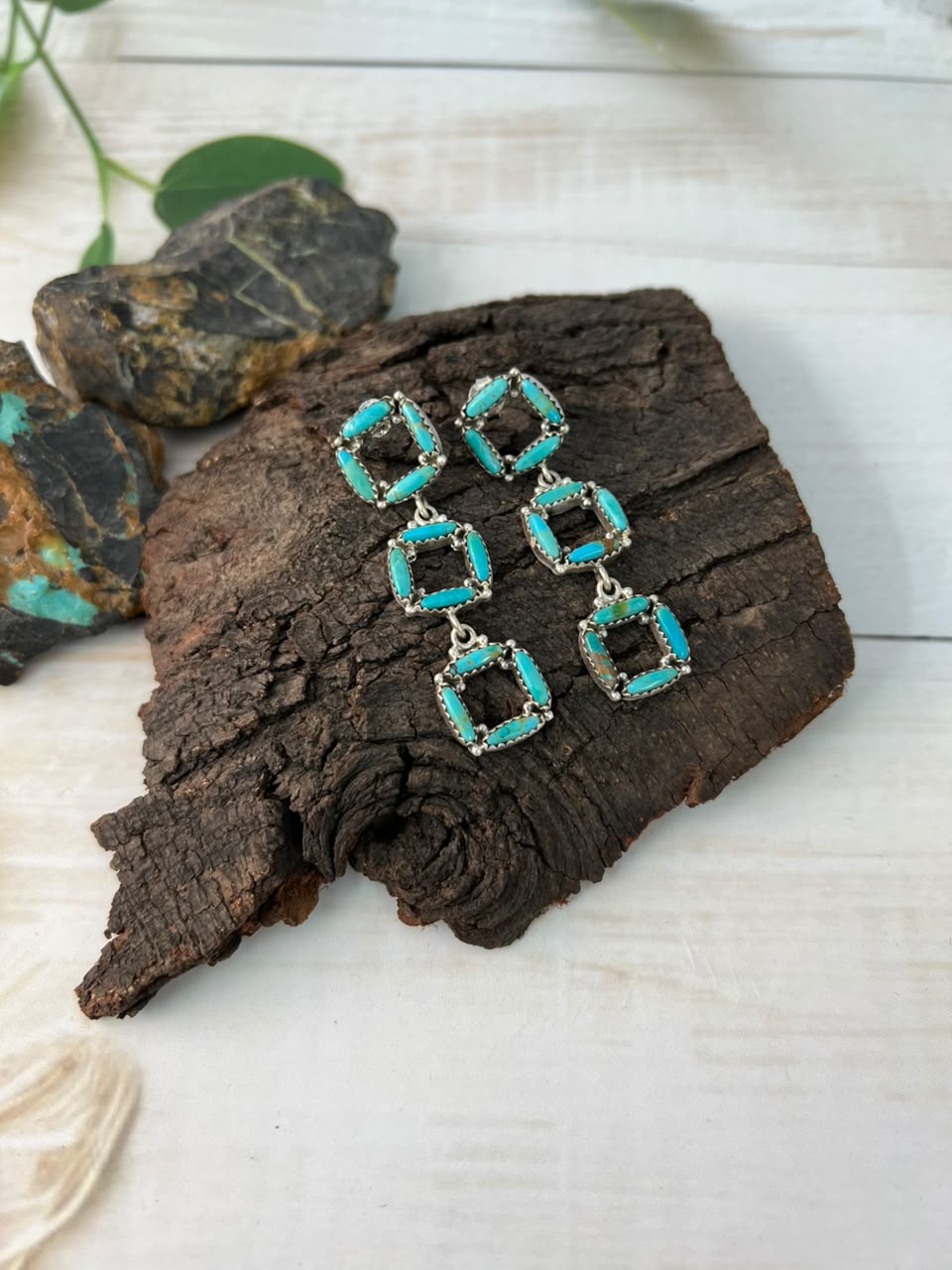 Handmade Sterling Silver Kingman Turquoise Post Dangle Earrings Signed Nizhoni