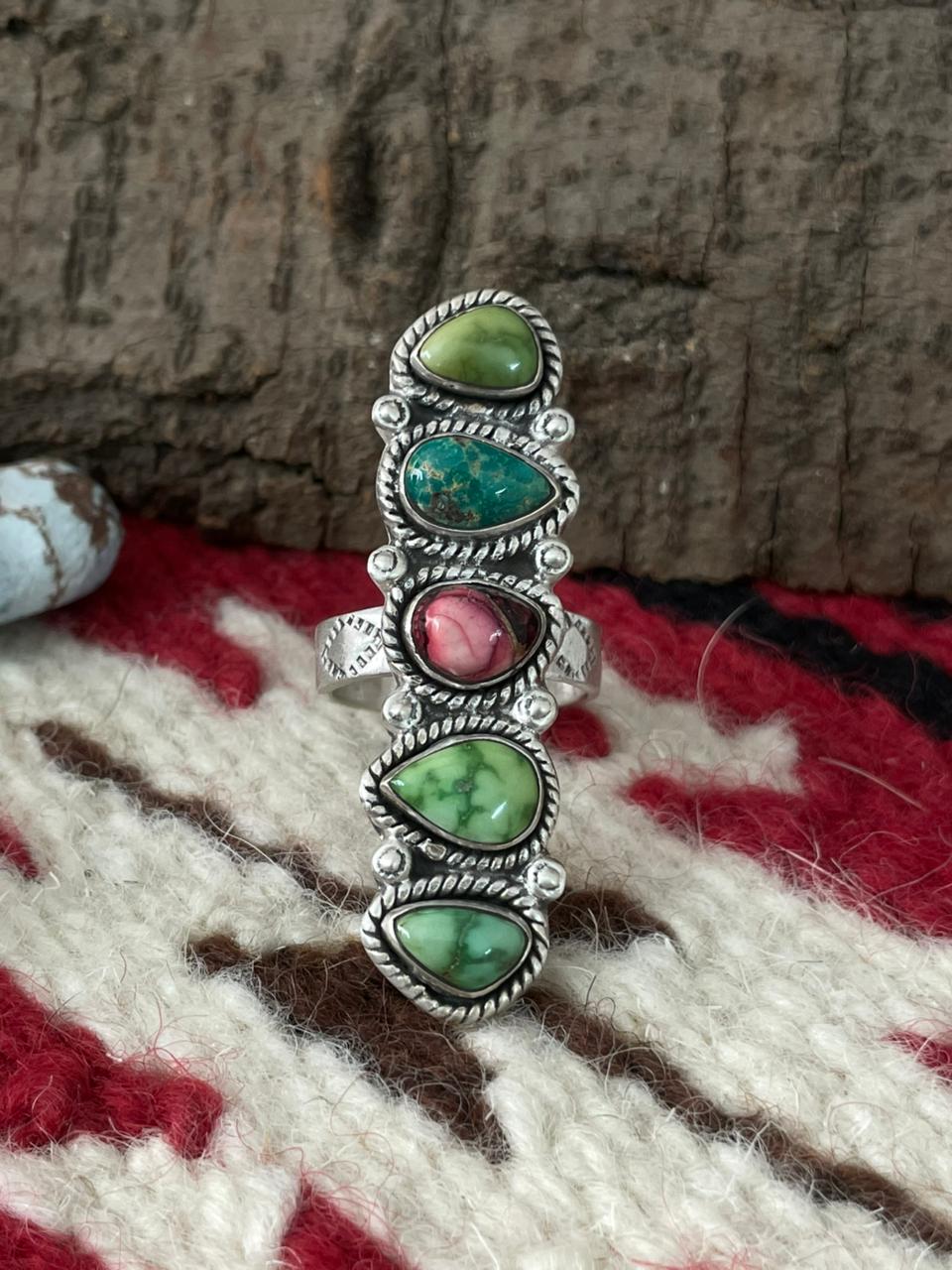 Handmade Sterling Silver Dahlia Rose With Emerald Valley Turquoise Ring "Signed Nizhoni"