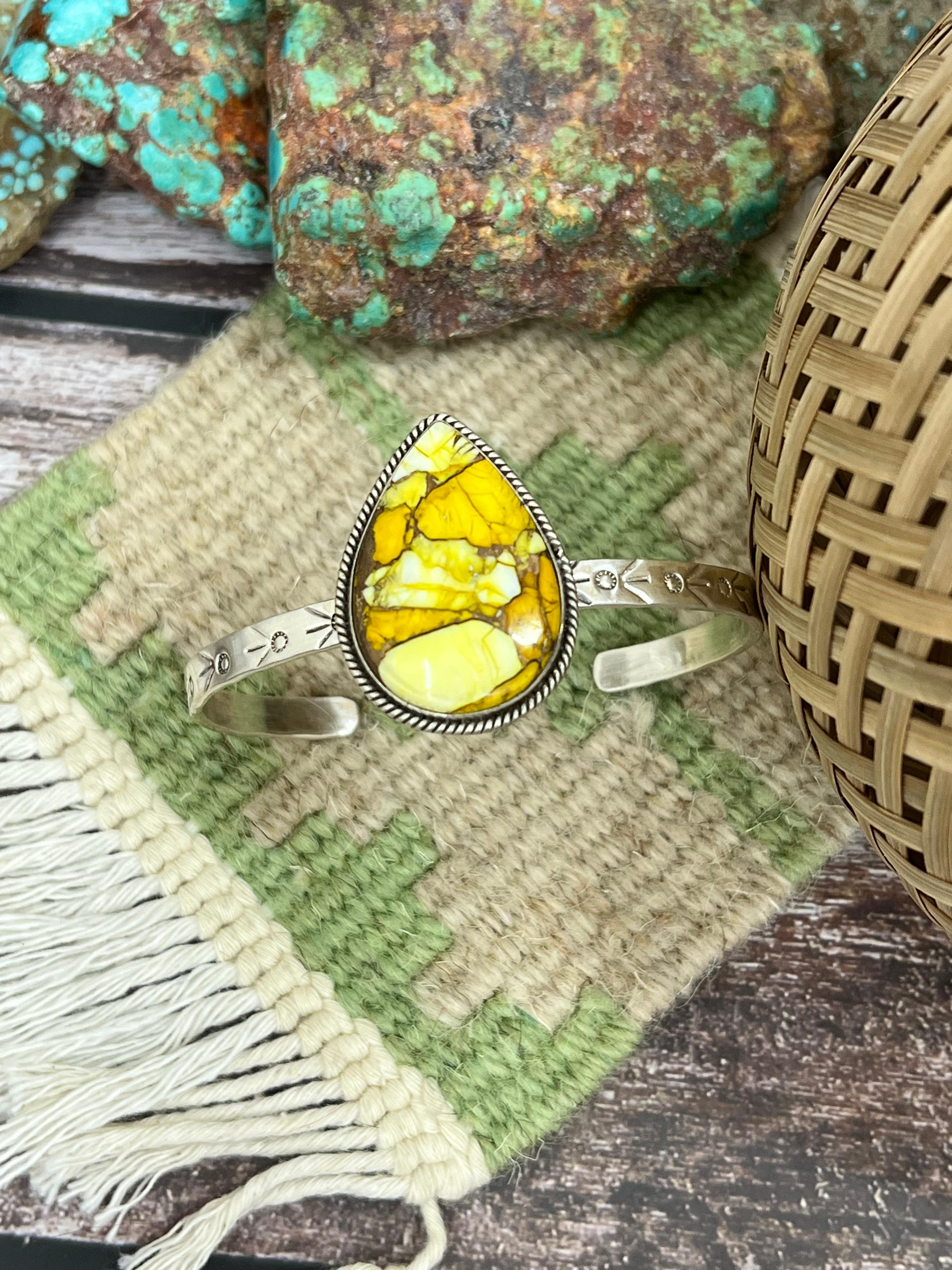 Handmade Sterling Silver Honey Dahlia Cuff Bracelet with Signed Nizhoni