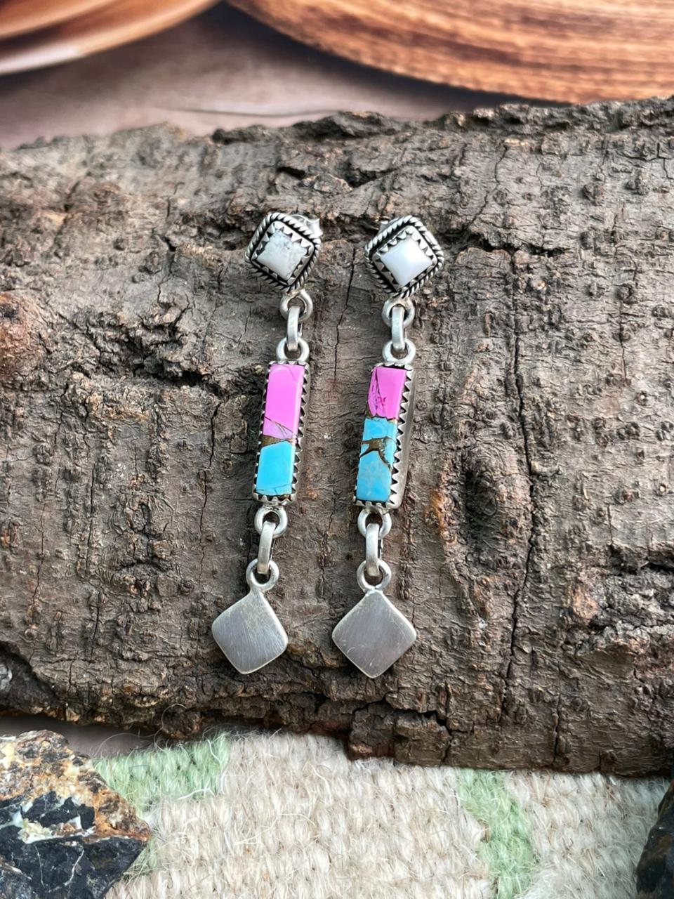 Handmade Sterling Silver Cotton Candy with White Buffalo Post Dangle Earrings "Signed Nizhoni"