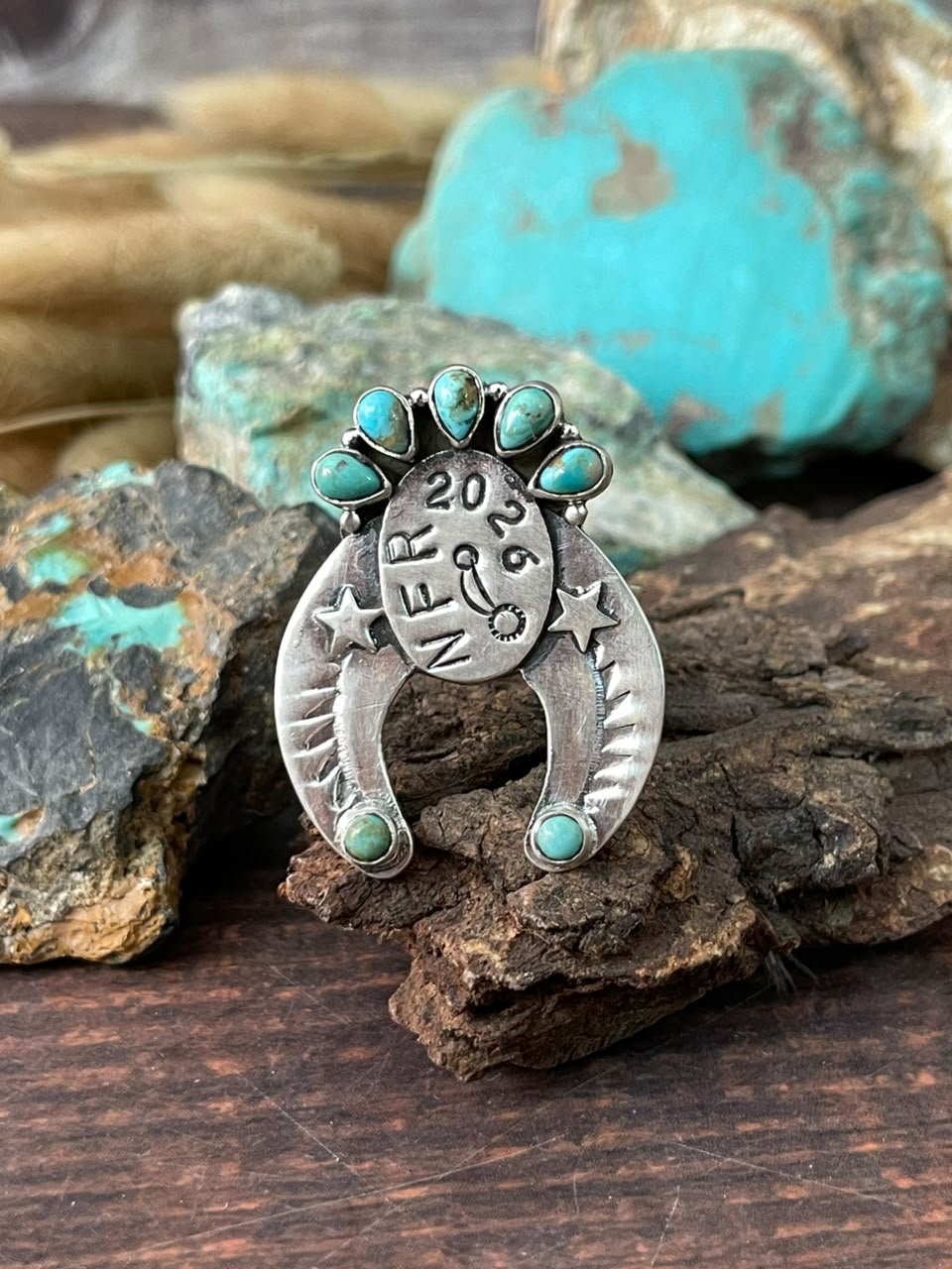 Handmade Sterling Silver Kingman Turquoise NFR Collection: Naja Adjustable Ring Signed Nizhoni