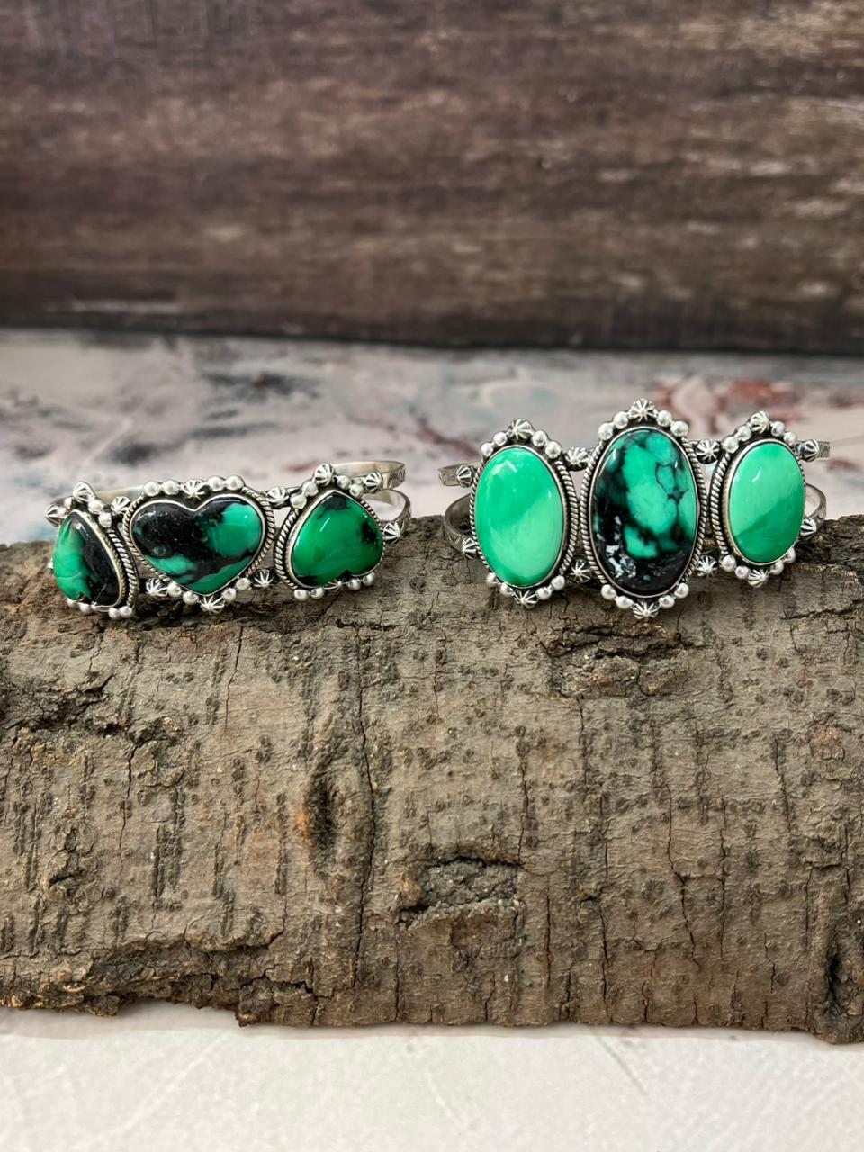 Handmade Sterling Silver Emerald Rose Cuff Bracelet "Signed Nizhoni"