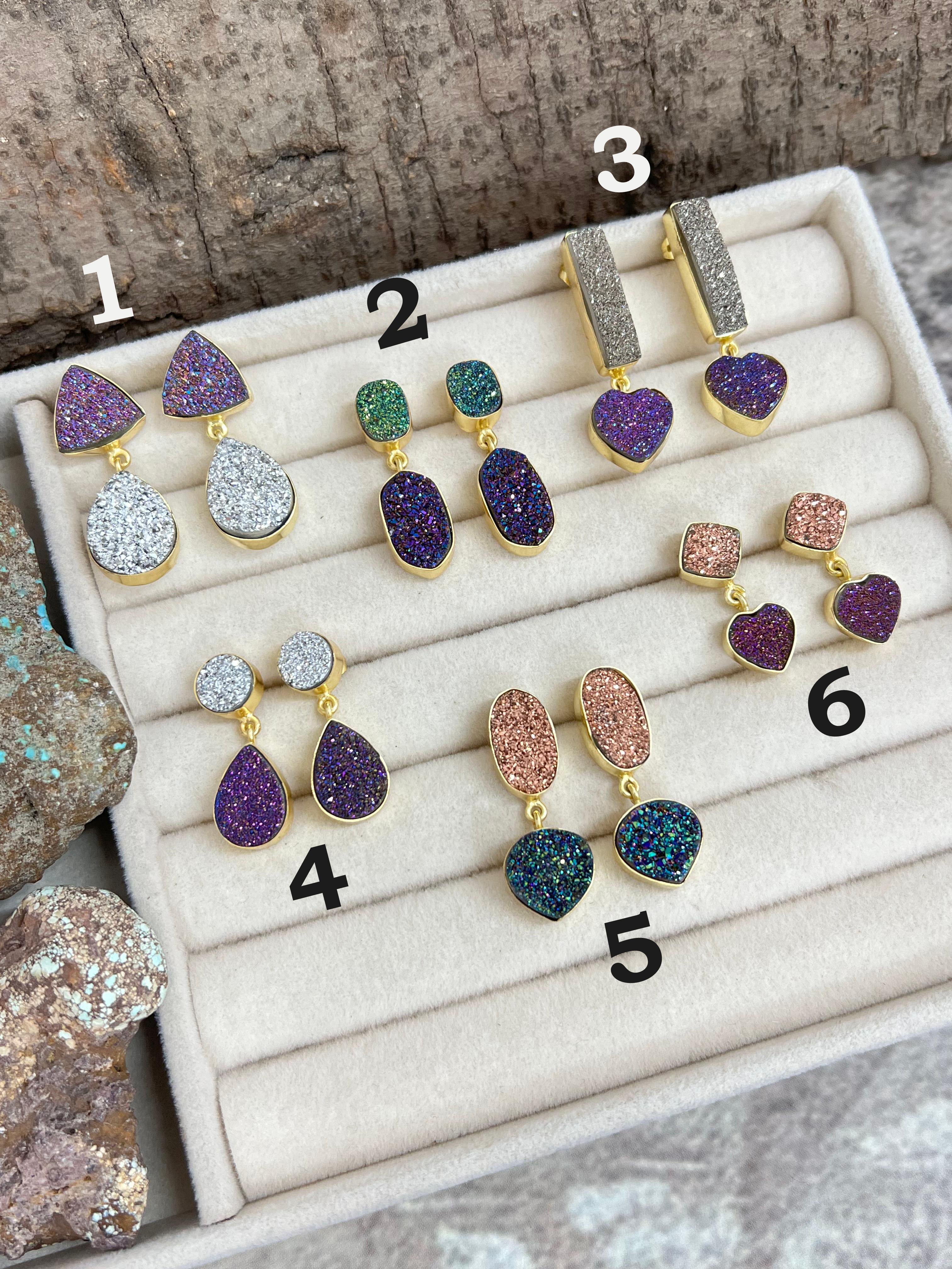 “The Boho Collection” Natural Handmade 2 Stone Druzy Post Dangle Earrings