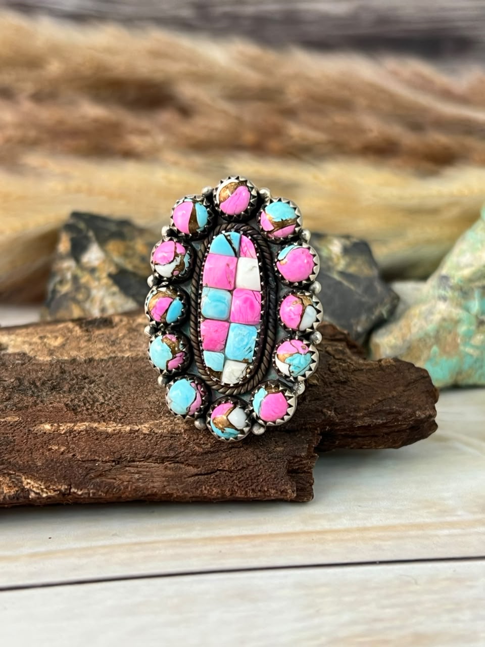 Handmade Sterling Silver Cotton Candy Cobble Stone Adjustable Ring Signed Nizhoni