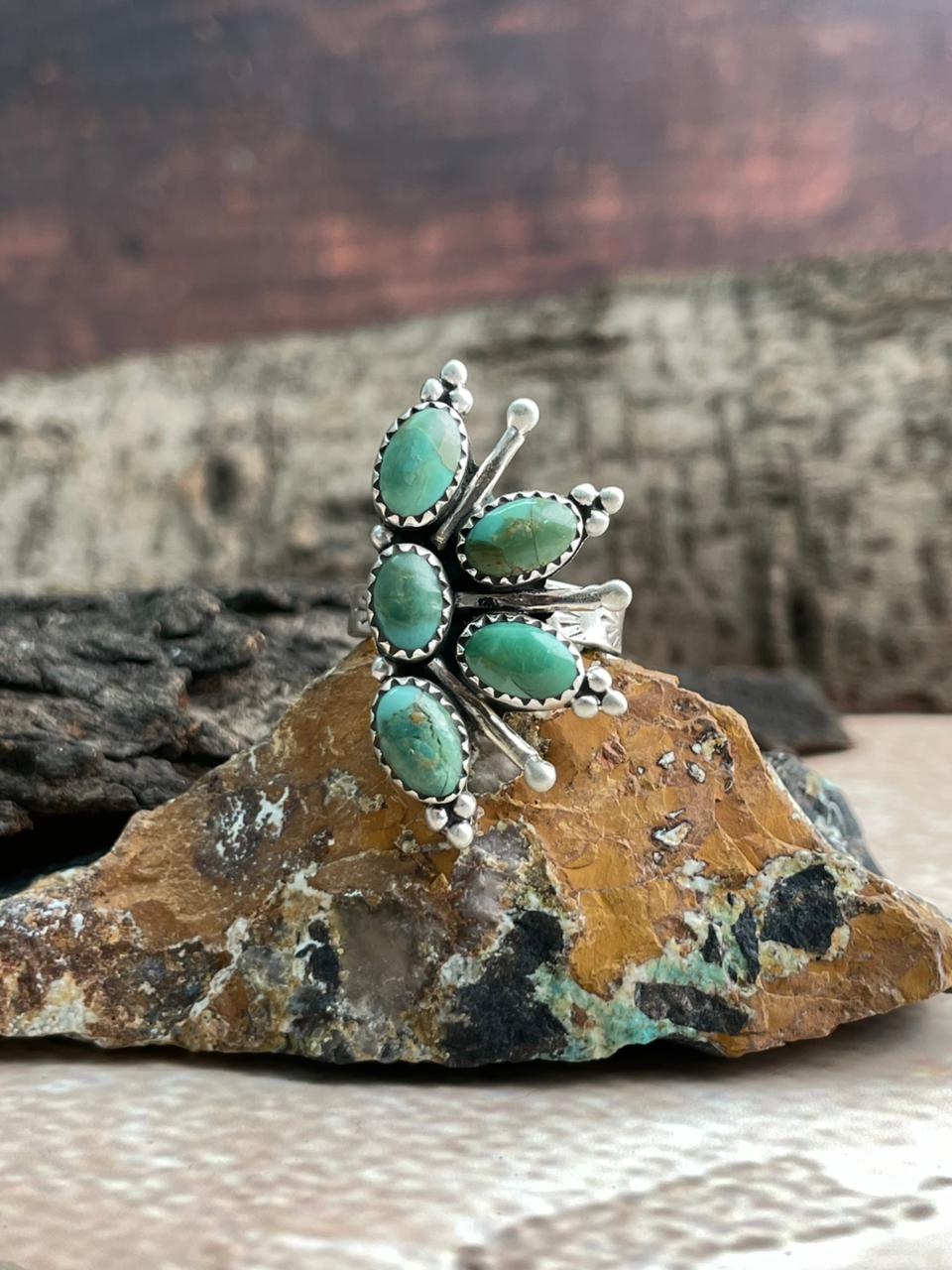 Handmade Sterling Silver Kingman Turquoise Adjustable Ring "Signed Nizhoni"