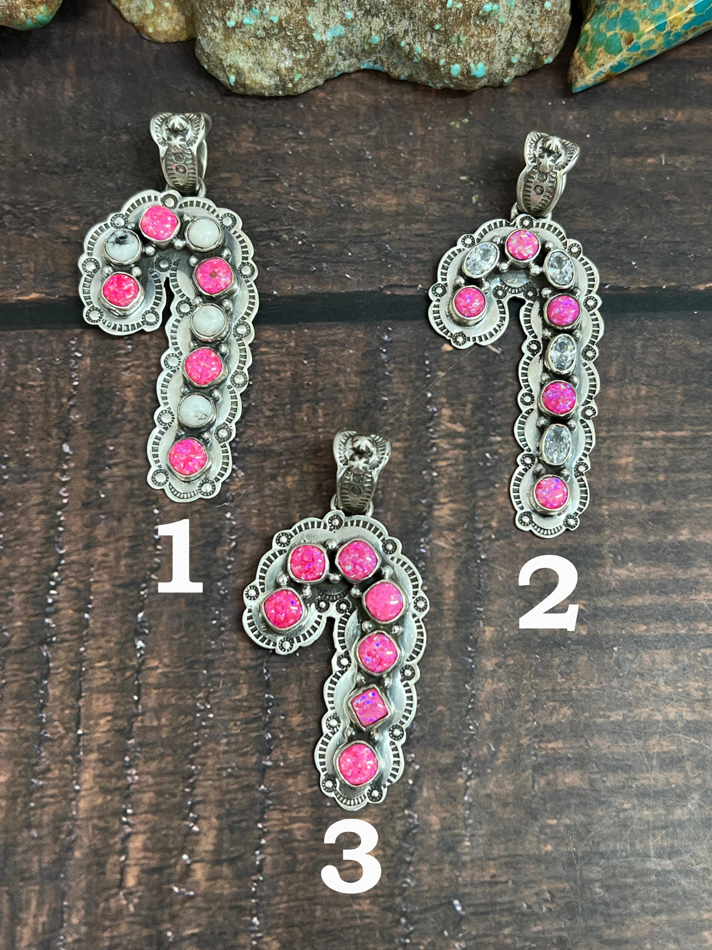 Handmade Sterling Silver Hot Pink with CZ, White Buffalo Pendant, Signed Nizhoni