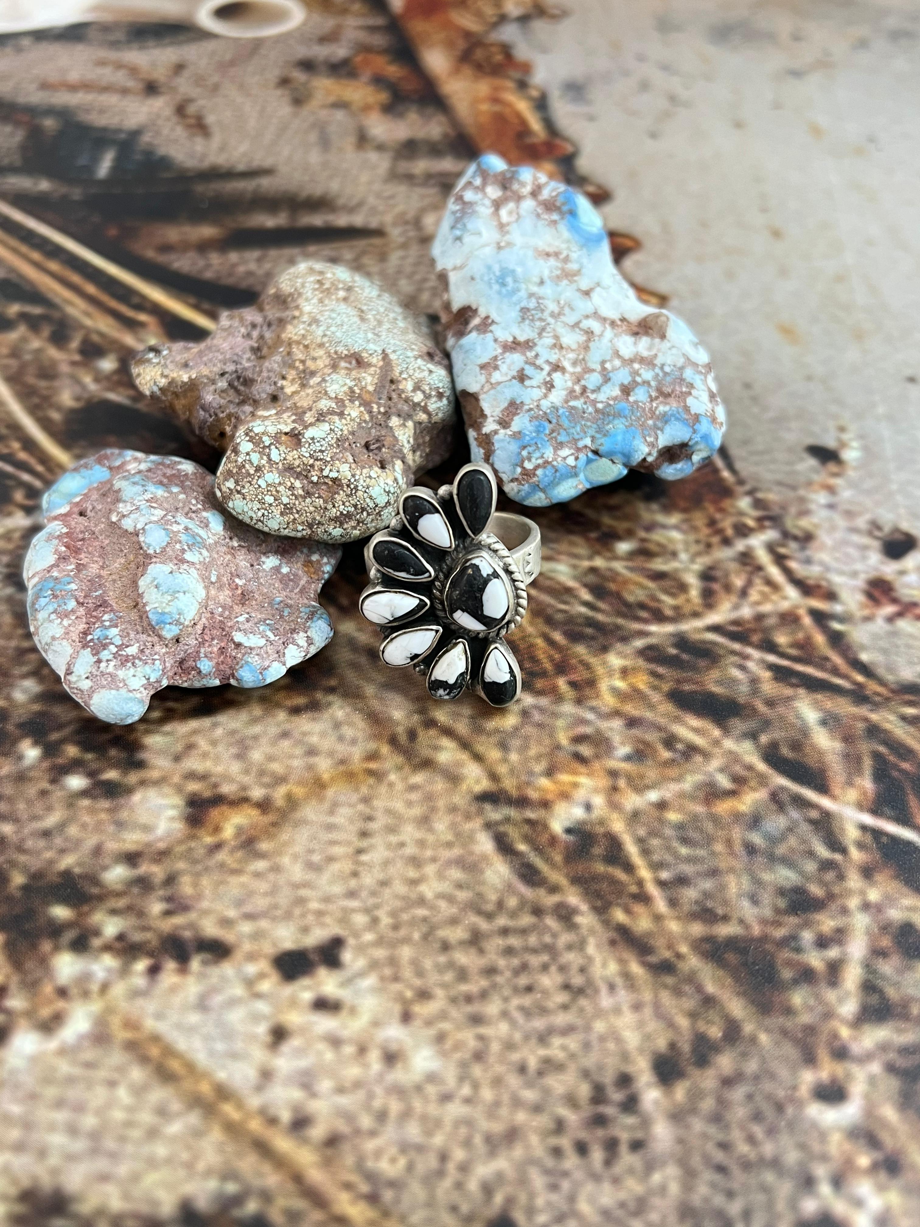 Handmade Sterling Silver White Buffalo Adjustable Ring, Signed Nizhoni