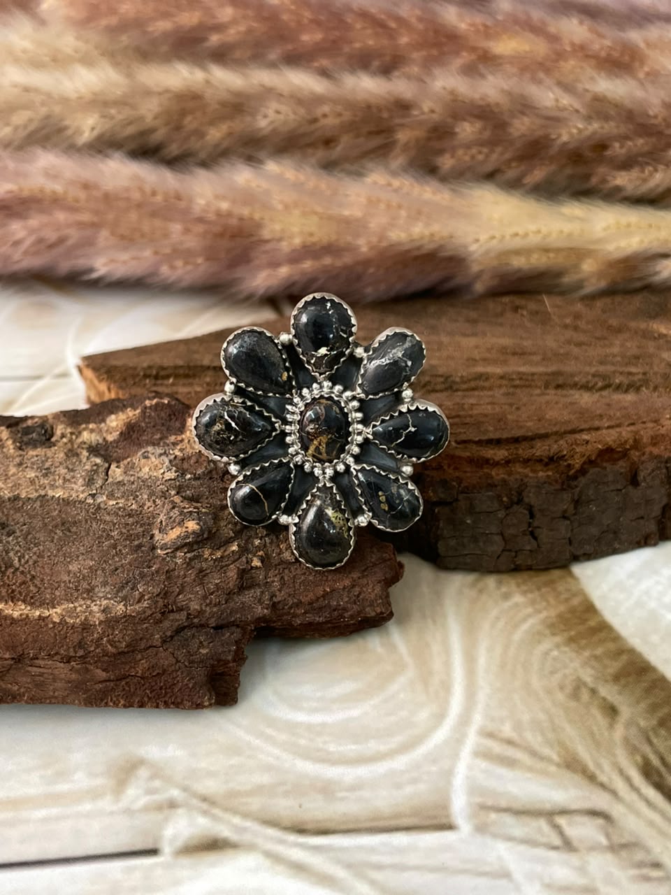Handmade Sterling Silver Blackjack Turquoise Adjustable Ring Signed Nizhoni