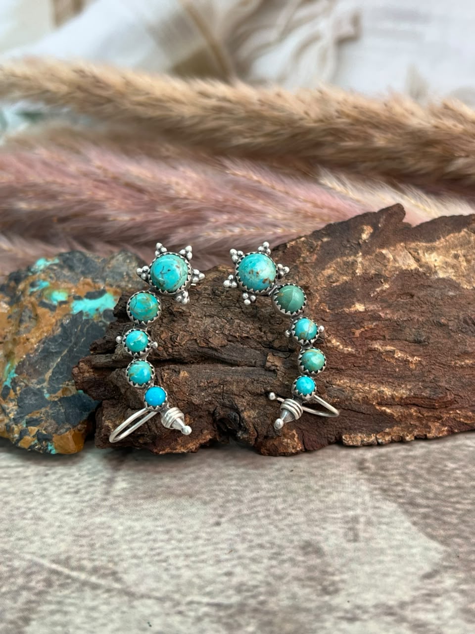 Handmade Sterling Silver Kingman Turquoise Post Ear Cuffs Signed Nizhoni