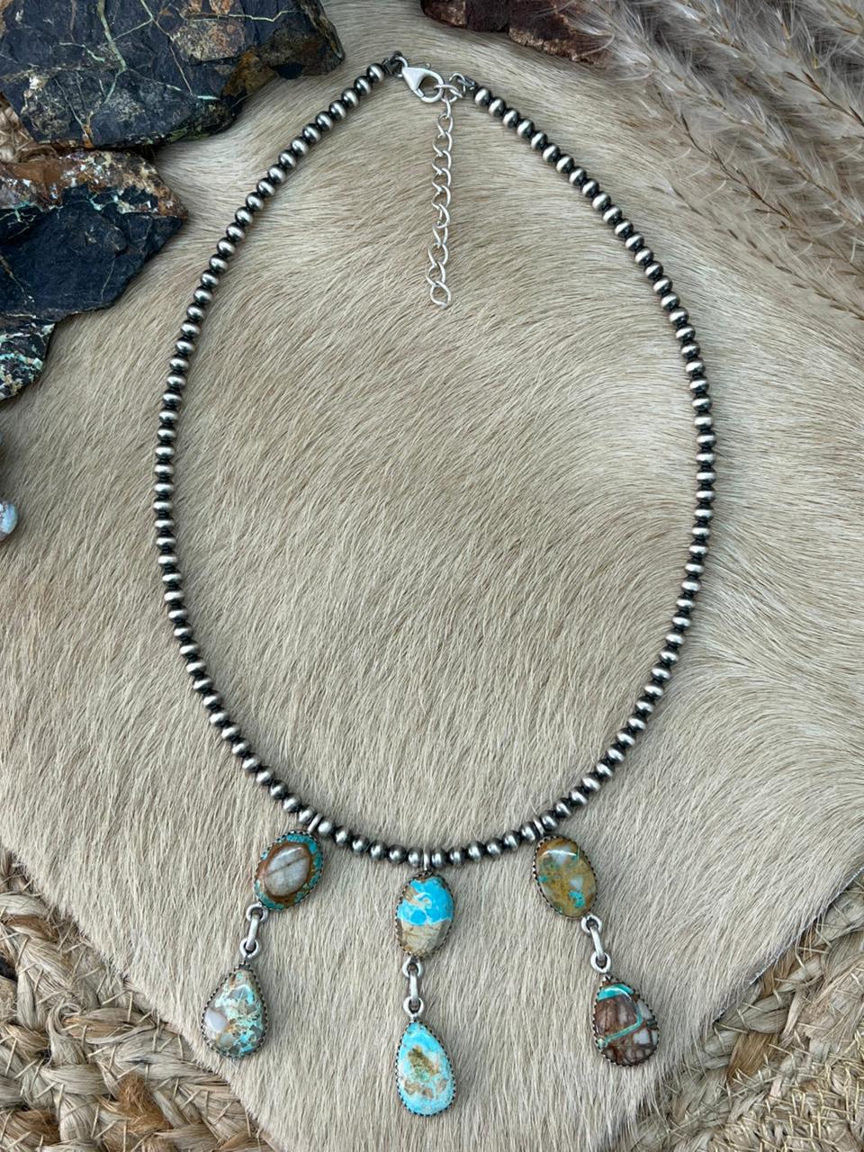 Handmade Sterling Silver Royston Ribbon Turquoise Beaded Necklace "Signed Nizhoni"