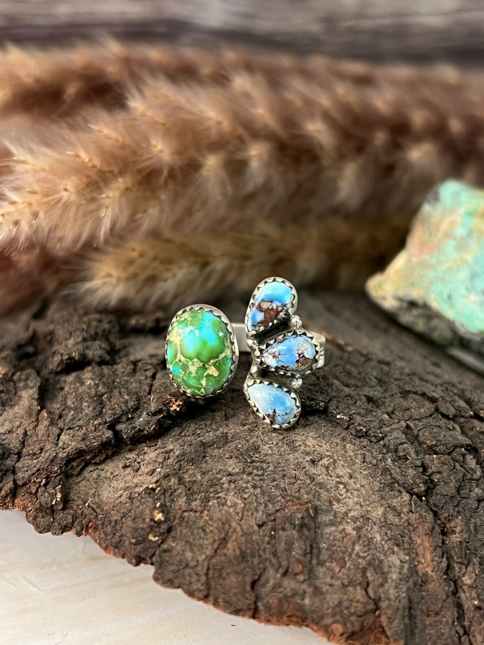 Handmade Sterling Silver Golden Hills with Sonoran Mountain Turquoise Adjustable Ring Signed Nizhoni