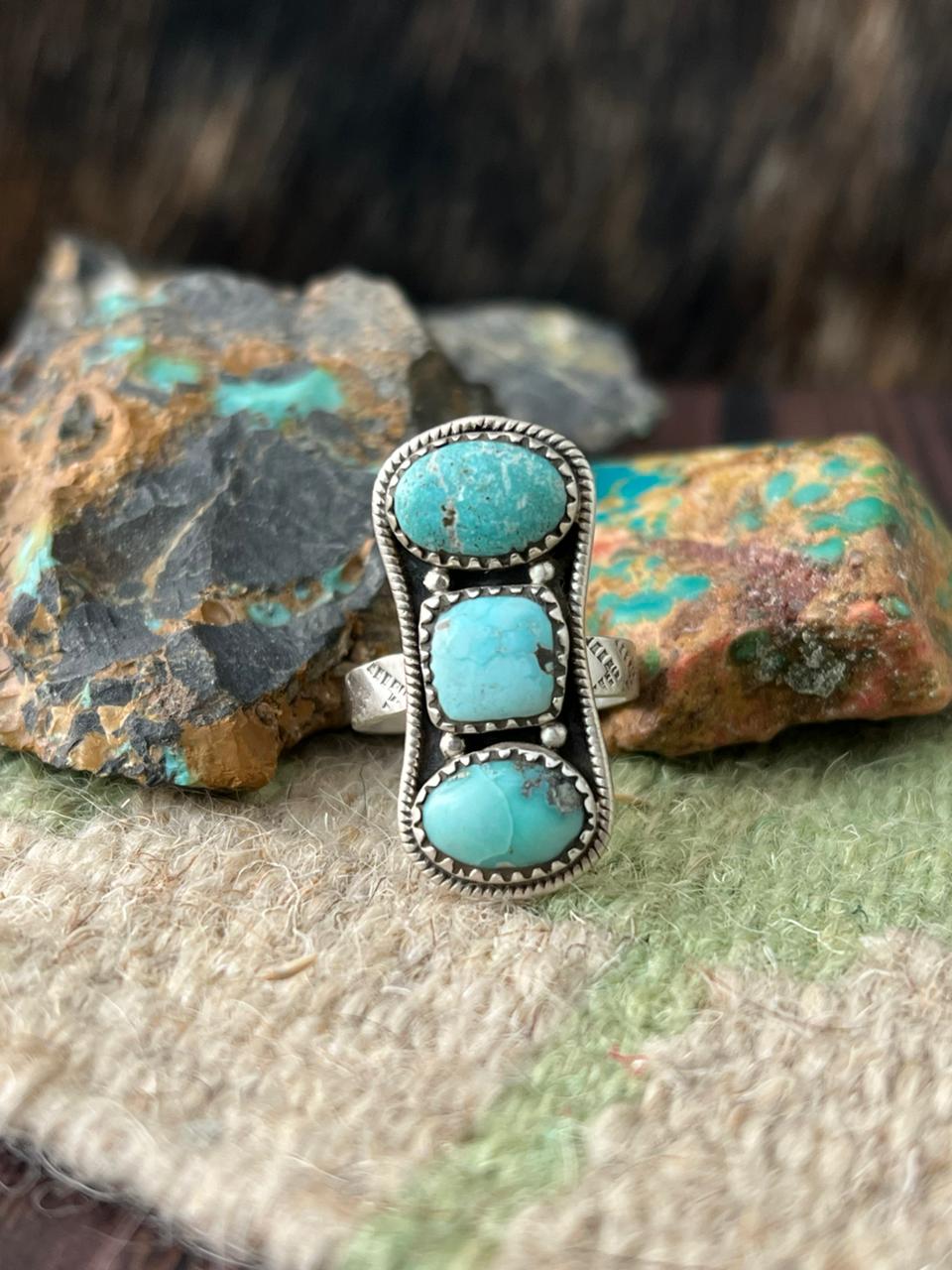 Handmade Sterling Silver White Water Turquoise Adjustable Ring "Signed Nizhoni"